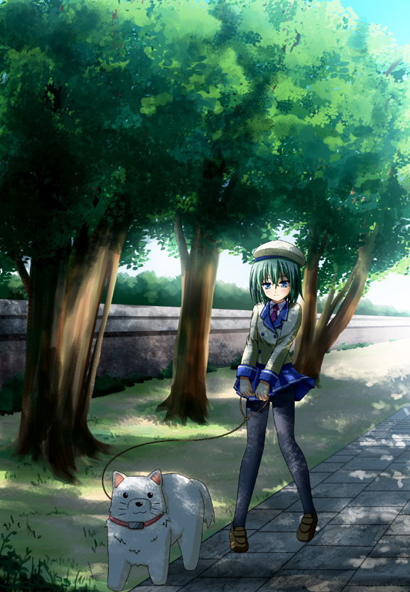 cherry (lucky star), iwasaki minami, lucky star, 00s, 1girl, animal, blue eyes, blush, bob cut, day, dog, female focus, green hair, hat, legs, miniskirt, nature, necktie, outdoors, pantyhose, pleated skirt, scenery, school uniform, shoes, short hair, skirt, sky, smile, solo, tree
