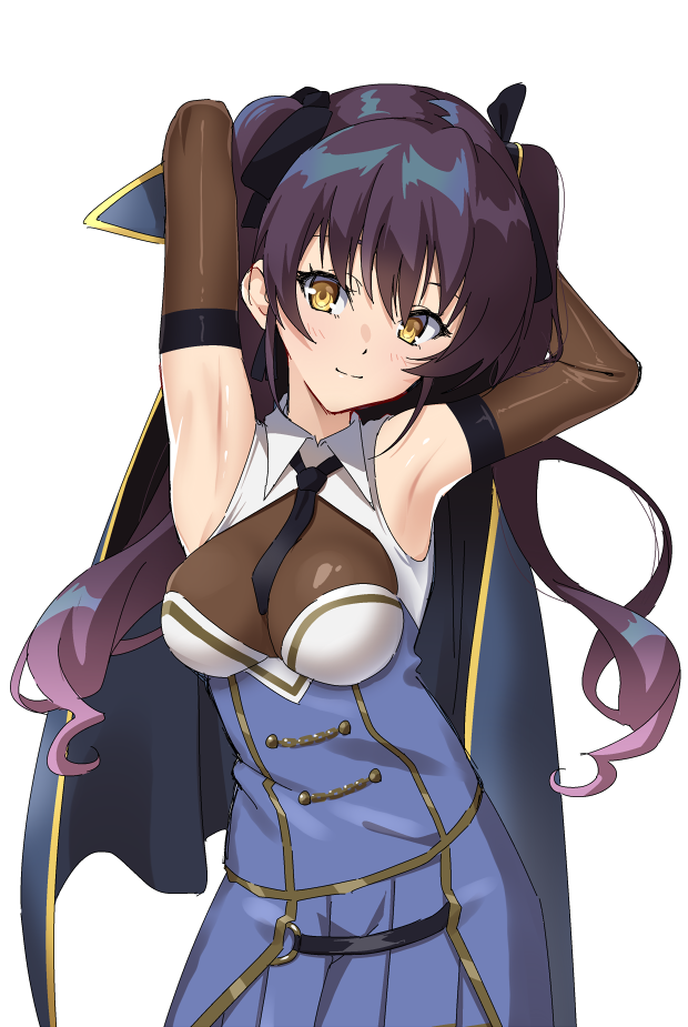 mototenn, hishida haru, assault lily, commentary, 1girl, armpits, arms behind head, arms up, bare shoulders, black necktie, black ribbon, blue cloak, blue shirt, blue skirt, blush, bodystocking, breasts, brown gloves, cloak, closed mouth, collared shirt, cowboy shot, elbow gloves, gloves, hair between eyes, hair ribbon, holding, holding cloak, holding unworn clothes, light smile, long hair, looking at viewer, medium breasts, necktie, odaiba girls high school uniform, pleated skirt, purple hair, ribbon, school uniform, shirt, short necktie, simple background, skirt, sleeveless, sleeveless shirt, standing, twintails, two-tone shirt, unworn cloak, white background, white shirt, yellow eyes