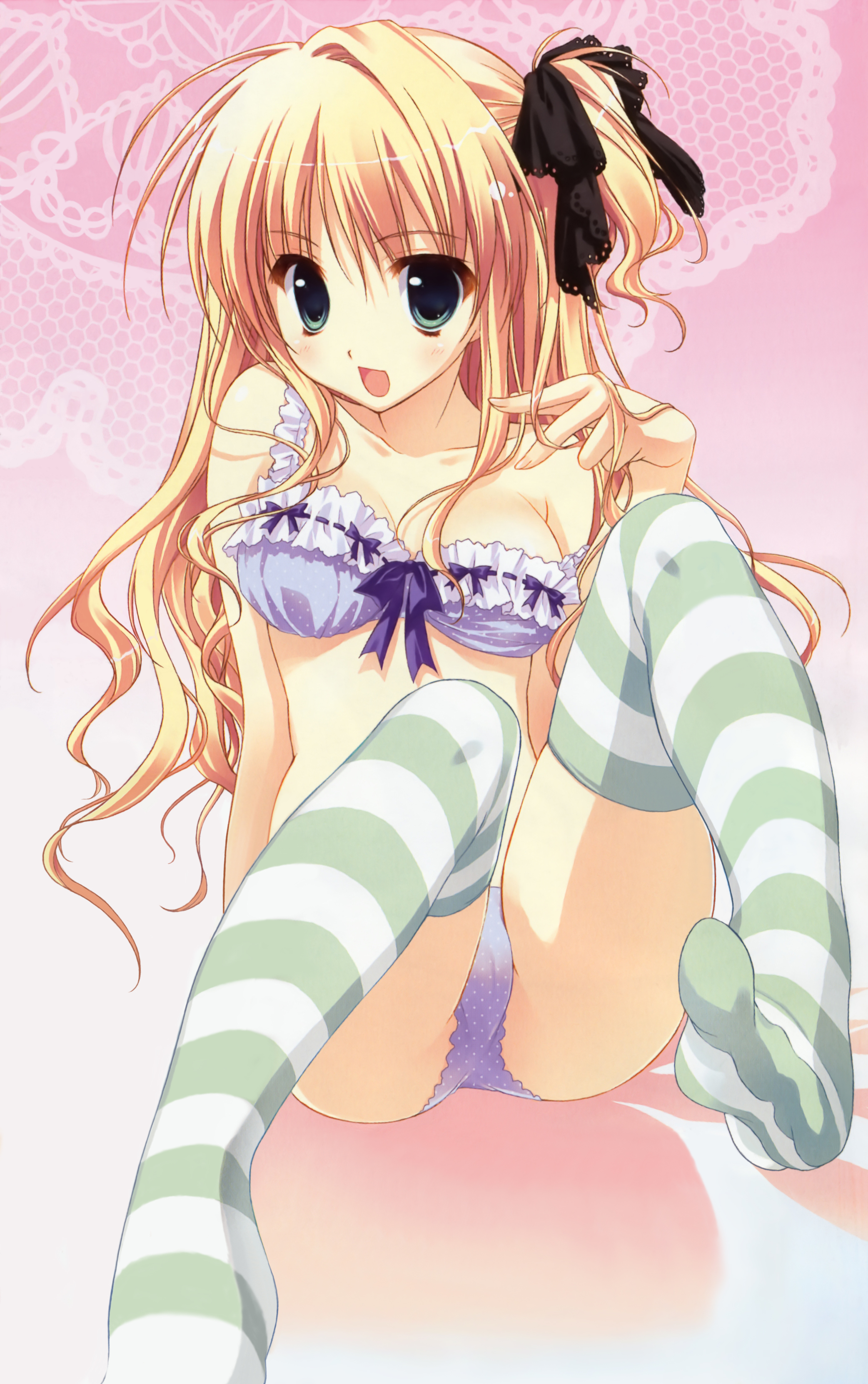 ryouka (suzuya), absurdres, highres, 1girl, blonde hair, bra, breasts, cleavage, feet, female focus, foot focus, green eyes, hair ribbon, legs, lingerie, long hair, matching underwear, panties, polka dot, polka dot bra, polka dot panties, ribbon, side ponytail, socks, soles, solo, striped clothes, striped socks, striped thighhighs, thighhighs, toes, underwear, underwear only
