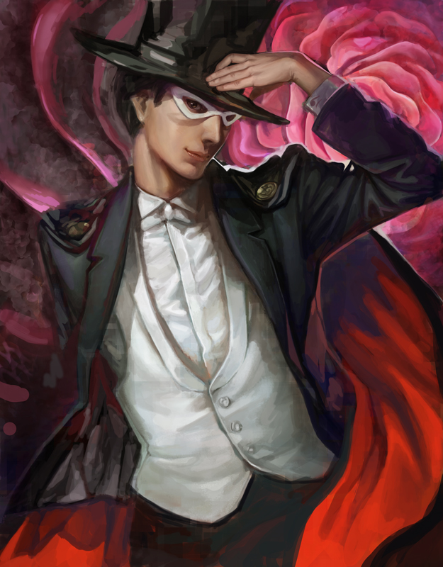k-bose, chiba mamoru, tuxedo kamen, bishoujo senshi sailor moon, 1990s (style), 1boy, cape, domino mask, eye mask, flower, formal clothes, hand on headwear, hat, hat tip, lips, male focus, mask, realistic, retro artstyle, rose, solo, top hat, tuxedo
