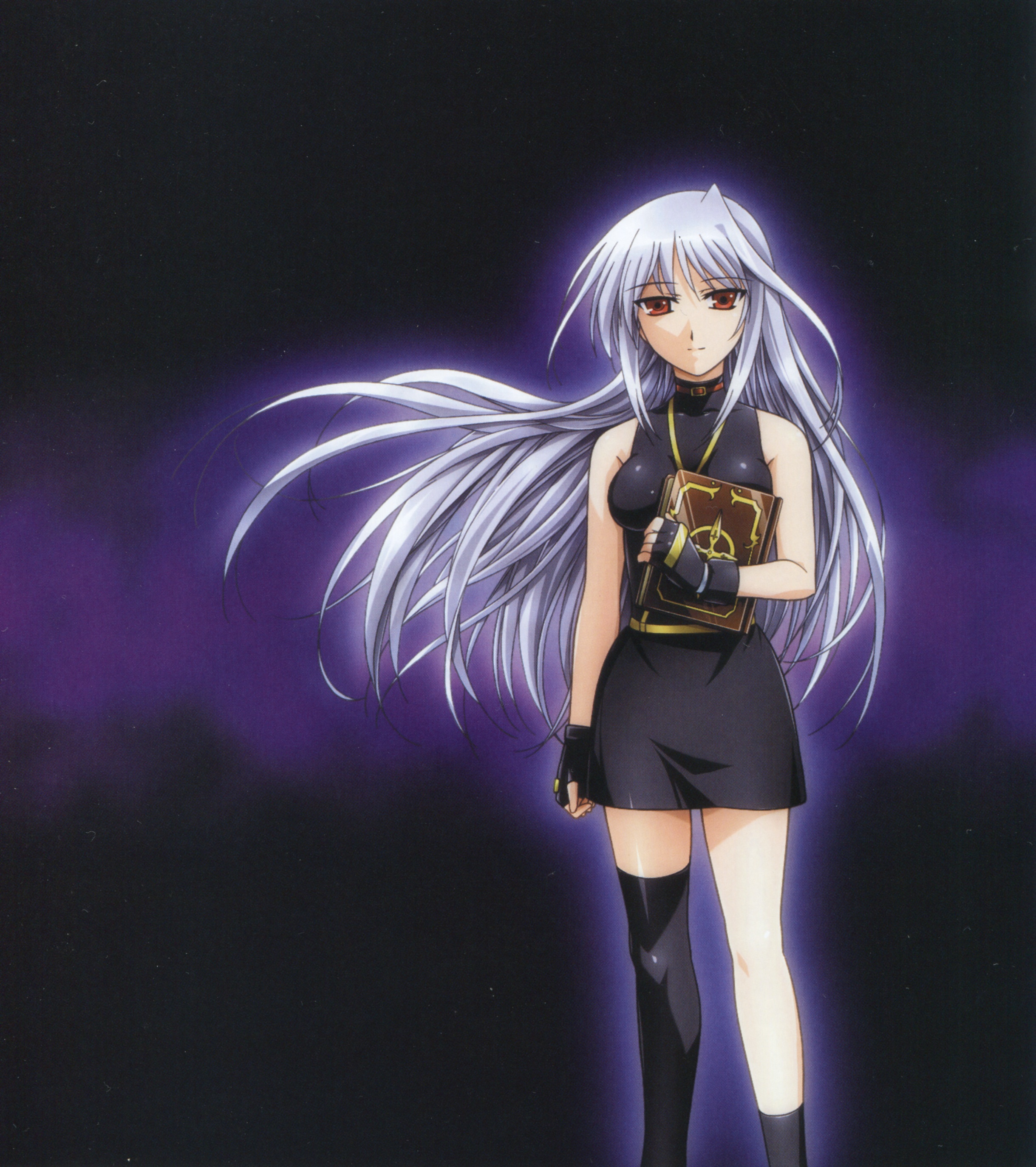 reinforce, lyrical nanoha, mahou shoujo lyrical nanoha, mahou shoujo lyrical nanoha a's, silver hair, absurdres, highres, official art, scan, 00s, 1girl, asymmetrical clothes, asymmetrical legwear, bare shoulders, book, dress, female focus, fingerless gloves, gloves, long hair, magical girl, red eyes, single thighhigh, solo, thighhighs, uneven legwear
