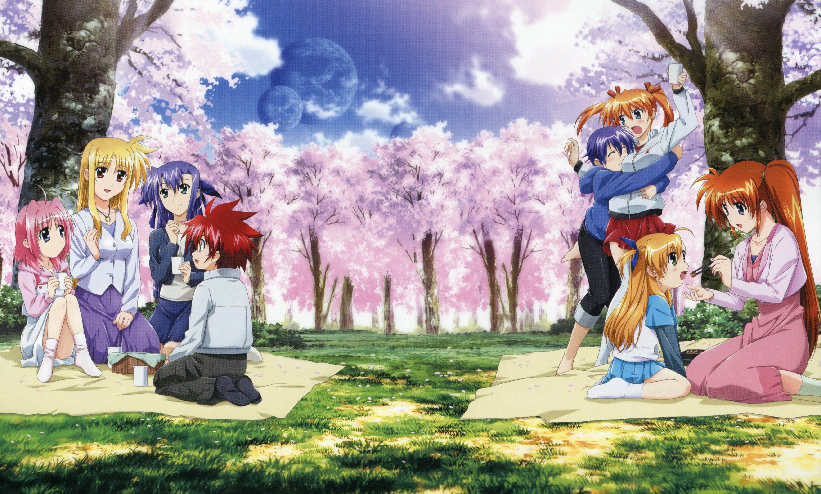 okuda yasuhiro, caro ru lushe, erio mondial, fate testarossa, ginga nakajima, subaru nakajima, takamachi nanoha, teana lanster, vivio, lyrical nanoha, mahou shoujo lyrical nanoha, mahou shoujo lyrical nanoha strikers, absurdres, highres, official art, scan, 00s, 1boy, 6+girls, ahoge, barefoot, blonde hair, blue eyes, blue hair, blunt bangs, blush, brown hair, casual, cherry blossoms, chopsticks, closed eyes, day, dress, feeding, feet, forest, green eyes, hair ornament, hair ribbon, heterochromia, hime cut, hug, jacket, jewelry, kneeling, long hair, multiple girls, nature, necklace, no shoes, orange hair, outdoors, petals, picnic, pink hair, purple eyes, purple hair, red eyes, red hair, ribbon, scenery, short hair, siblings, side ponytail, sidelocks, sisters, sitting, skirt, smile, socks, thighhighs, twintails, very long hair, yuri, zettai ryouiki