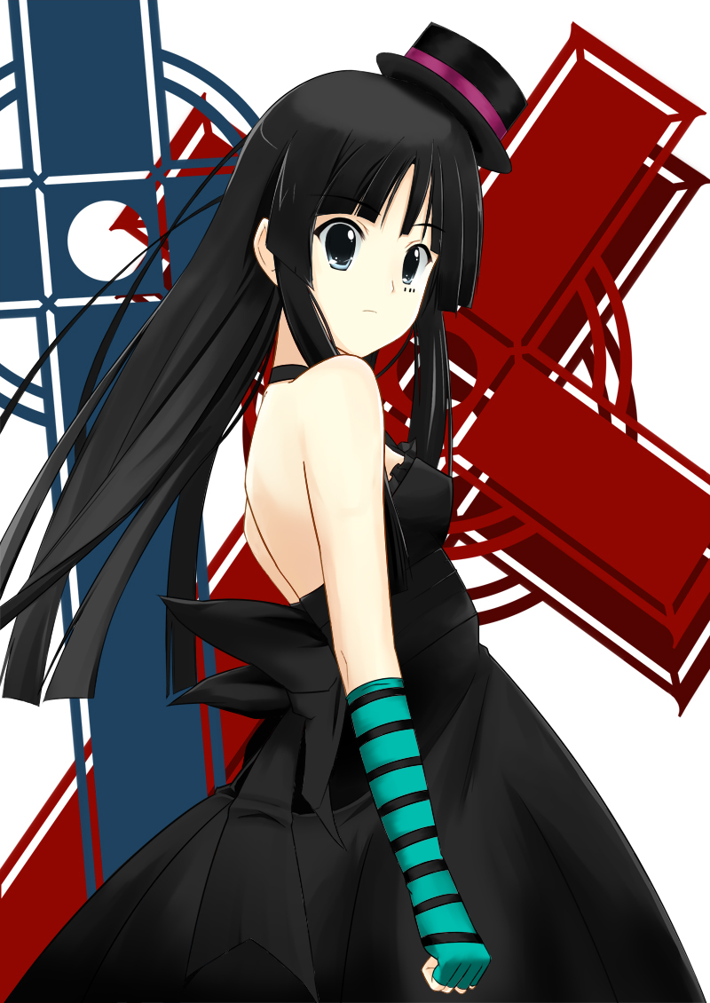 nejimaki, akiyama mio, don't say "lazy", k-on!, bad id, bad pixiv id, 00s, 1girl, black hair, blue eyes, blunt bangs, dress, elbow gloves, facepaint, female focus, fingerless gloves, gloves, hat, hime cut, long hair, mini hat, mini top hat, solo, top hat