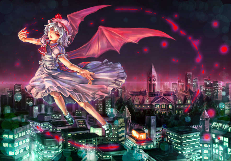 yuumeibokumeimei, remilia scarlet, touhou, bad id, bad pixiv id, 1girl, bat wings, blood, blue hair, building, cityscape, female focus, hat, nature, outdoors, plant, red eyes, scarlet devil mansion, short hair, skirt, sky, solo, wings