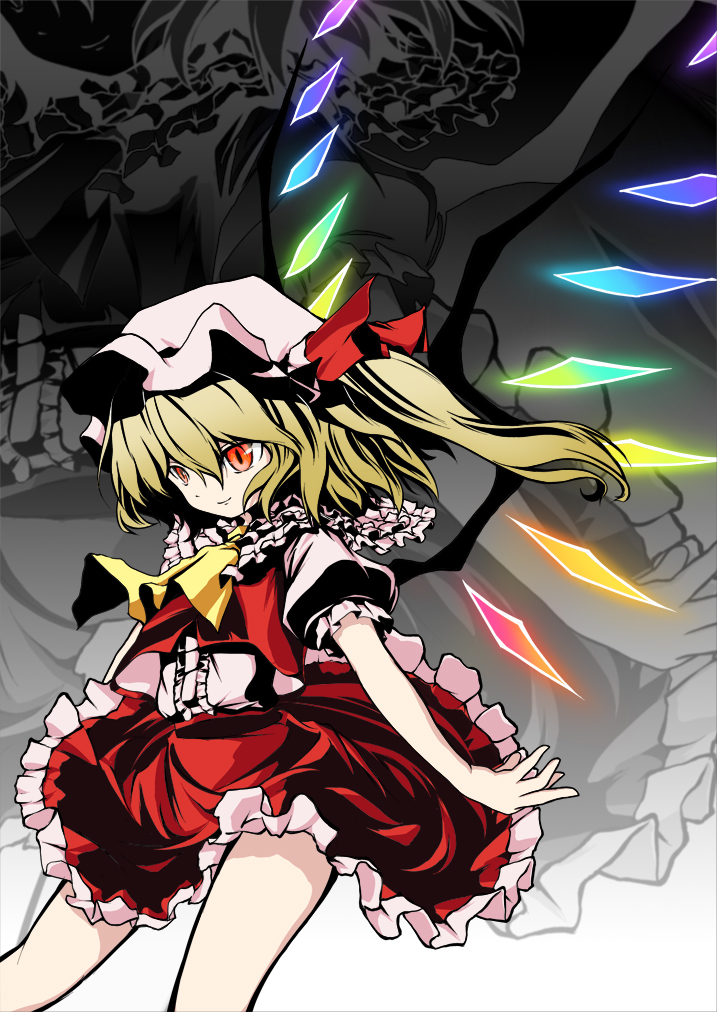 awa yume, flandre scarlet, touhou, 1girl, blonde hair, female focus, hat, one side up, ponytail, red eyes, short hair, side ponytail, solo, wings, zoom layer