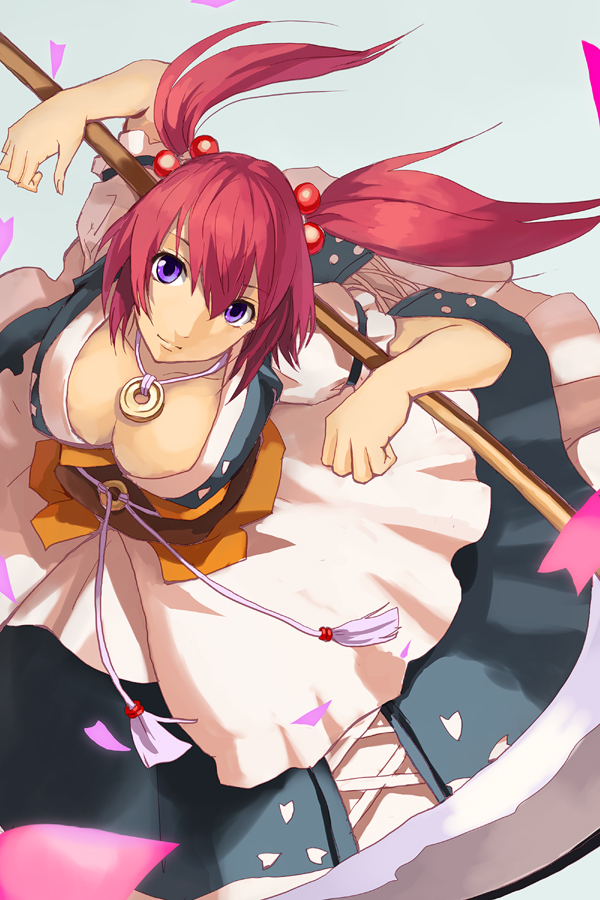 akito, onozuka komachi, touhou, 1girl, bob cut, breasts, cleavage, coin, dress, female focus, frills, from above, hair bobbles, hair ornament, jewelry, large breasts, necklace, petals, purple eyes, red hair, scythe, short hair, simple background, solo, twintails, two side up, wind