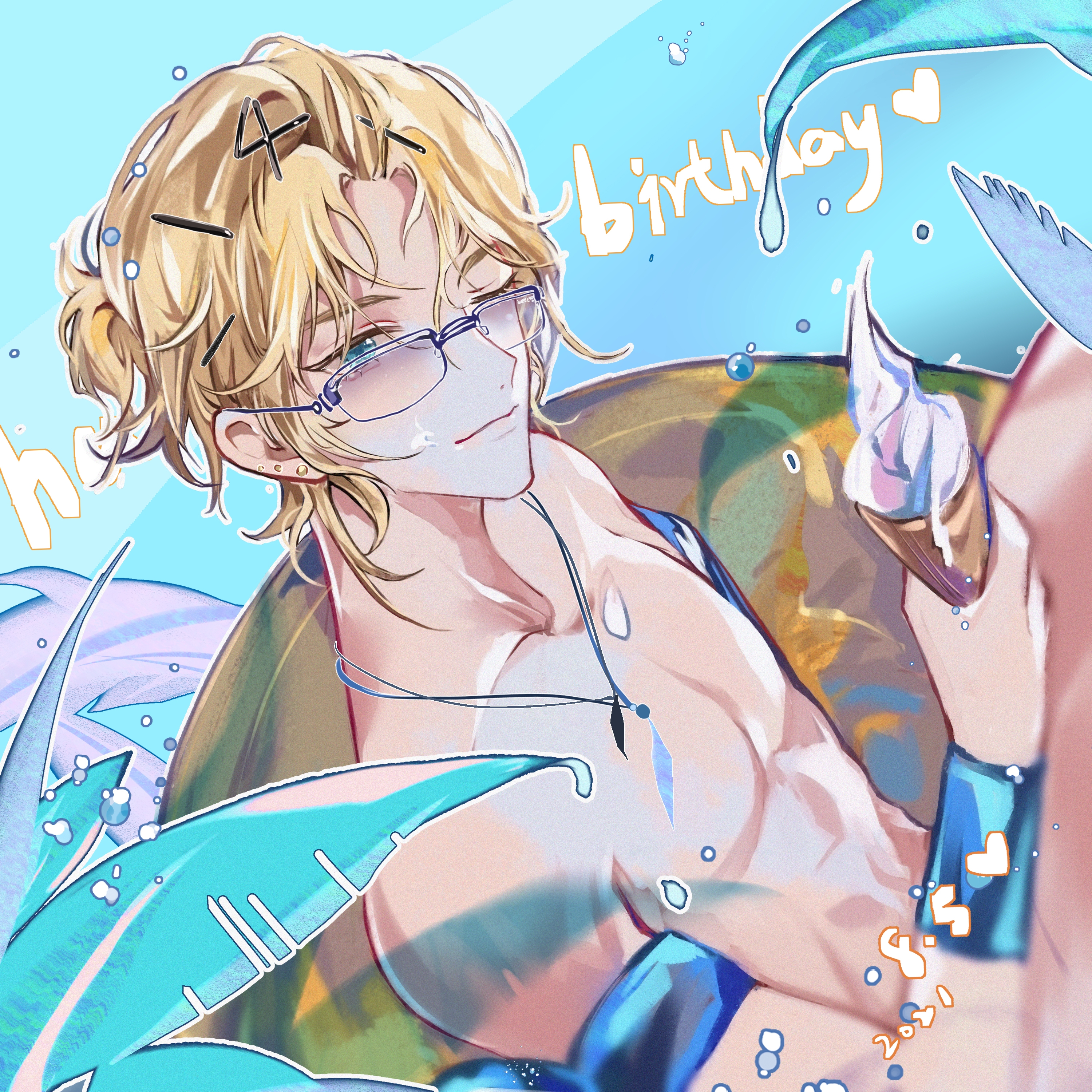 lars rorschach, lovebrush chronicles, absurdres, chinese commentary, highres, 1boy, ;), abs, aqua eyes, blonde hair, chashuimeifiom, curtained hair, food, from side, glasses, hair ornament, hairclip, happy birthday, holding, holding food, holding ice cream, ice cream, ice cream cone, jewelry, leaf, looking at viewer, male focus, ocean, one eye closed, parted bangs, pendant, ponytail, short hair, short ponytail, sideways glance, smile, soft serve, solo, swim ring, tinted eyewear, toned, toned male, topless male, upper body, water drop, wristband
