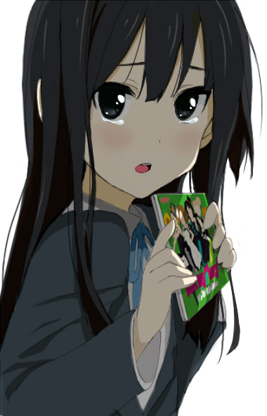 kurohachimitsu, akiyama mio, don't say "lazy", k-on!, bad id, bad pixiv id, 00s, 1girl, black hair, blue eyes, blunt bangs, blush, cd, female focus, hime cut, long hair, sad, school uniform, simple background, solo, tears