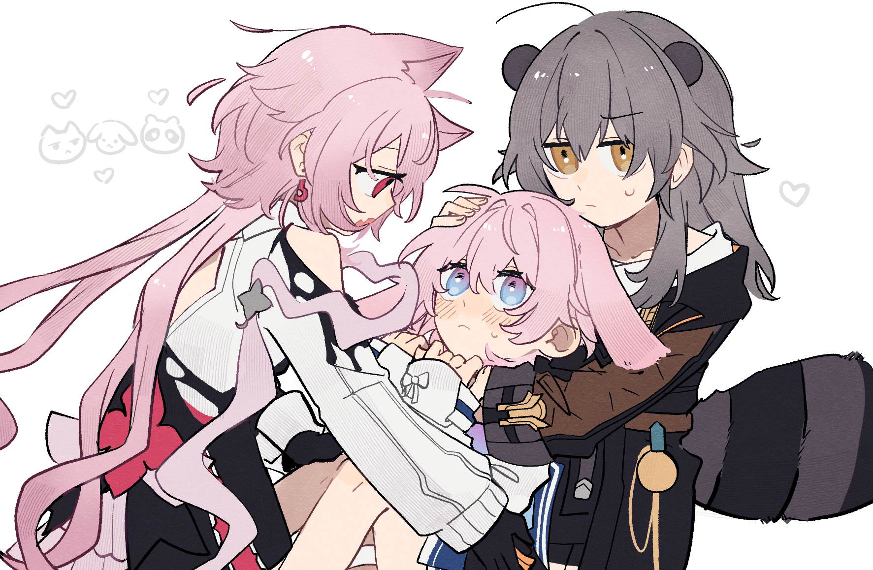 evernight (honkai: star rail), march 7th (honkai: star rail), march 7th (preservation) (honkai: star rail), stelle (honkai: star rail), trailblazer (honkai: star rail), honkai: star rail, honkai (series), commentary, highres, 3girls, animal ears, blush, cat ears, clothing cutout, dress, dual persona, earrings, flnb3ue6qo83174, flower, gloves, grey hair, hug, jacket, jewelry, multicolored eyes, multiple girls, pink hair, rabbit ears, raccoon ears, raccoon tail, red eyes, single earring, sweatdrop, tail, two-tone eyes, yellow eyes, yuri