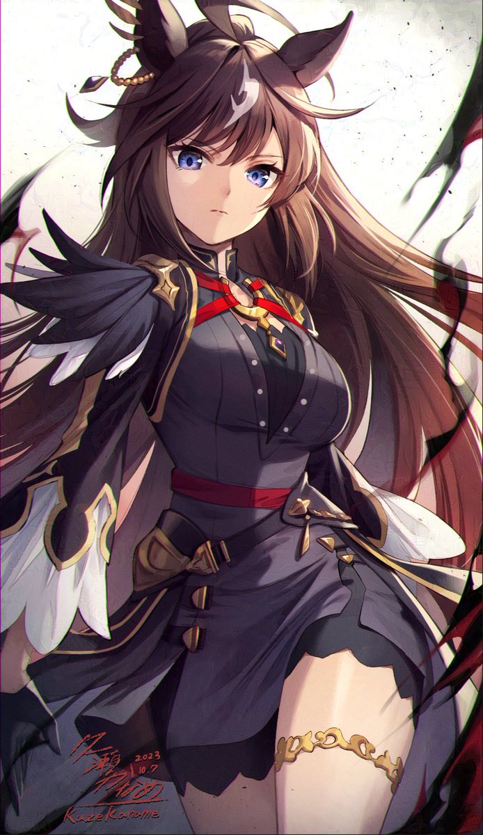 kuze kaname, duramente (red in black) (umamusume), duramente (umamusume), umamusume, commentary request, highres, 1girl, ahoge, animal ears, artist name, belt, black dress, black gloves, black jacket, blue eyes, breasts, brown hair, closed mouth, cowboy shot, dated, dress, ear ornament, ear piercing, feathers, gloves, hair between eyes, horse ears, horse girl, horseshoe ornament, jacket, large breasts, long hair, long sleeves, looking at viewer, multicolored hair, open hand, piercing, red belt, serious, signature, solo, thighs, white hair