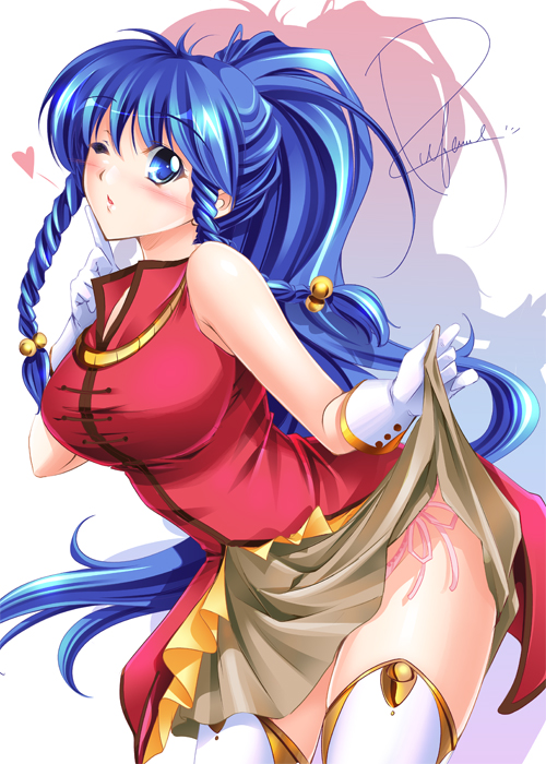 tsubame (minami haruka), tana (fire emblem), fire emblem, fire emblem: the sacred stones, nintendo, pegasus knight uniform (fire emblem), bad id, bad pixiv id, 1girl, blue hair, blush, braid, breasts, clothes lift, dress, dress lift, female focus, gloves, hair bobbles, hair ornament, heart, large breasts, leaning forward, lifting own clothes, long hair, miniskirt, one eye closed, panties, pink panties, side-tie panties, skirt, skirt lift, solo, thighhighs, twin braids, underwear, upskirt, very long hair, wink