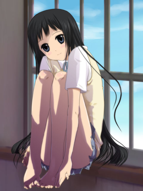 sasaki (artist), akiyama mio, k-on!, 00s, 1girl, barefoot, black hair, blue eyes, blunt bangs, blush, feet, female focus, hime cut, indoors, long hair, miniskirt, pleated skirt, school uniform, sidelocks, sitting, skirt, sky, smile, solo, sweater, sweater vest, very long hair, vest