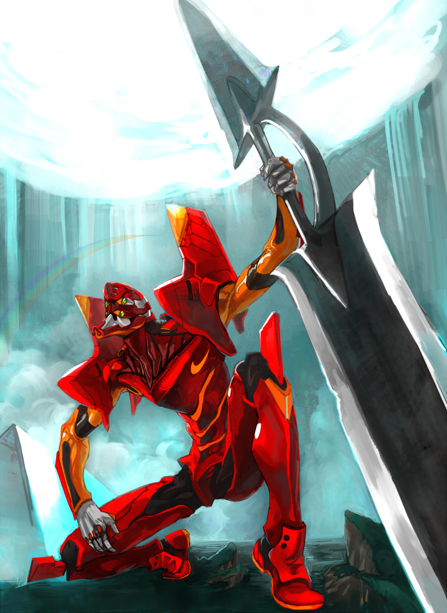 touge (kubiwa tsuki), eva 02, neon genesis evangelion, bad id, bad pixiv id, highres, tagme, mecha, mecha focus, solo, sword, weapon