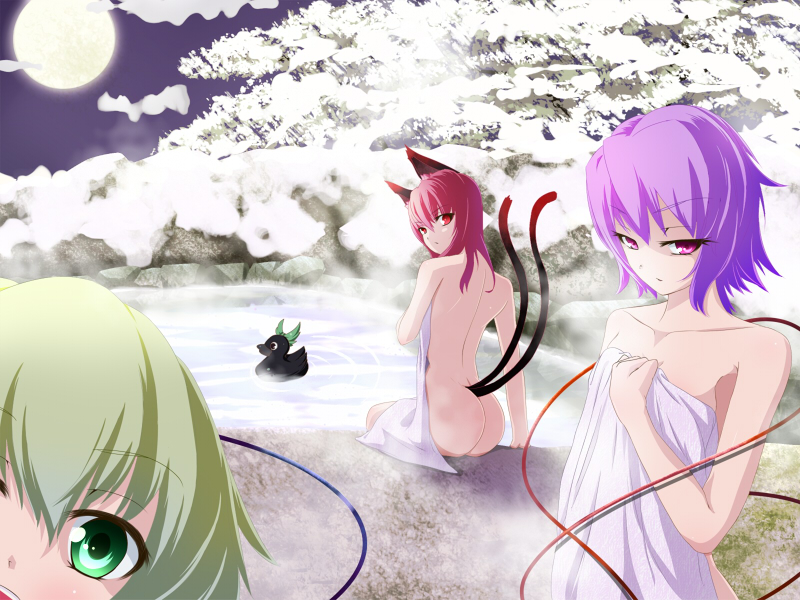 nikka (cryptomeria), kaenbyou rin, komeiji koishi, komeiji satori, reiuji utsuho, reiuji utsuho (bird), touhou, 3girls, animal ears, ass, back, bare back, bath, bird, cat ears, cat girl, cat tail, covering privates, female focus, full moon, hair down, moon, multiple girls, multiple tails, naked towel, nude, nude cover, onsen, same-sex bathing, shared bathing, sitting, steam, tail, towel, water