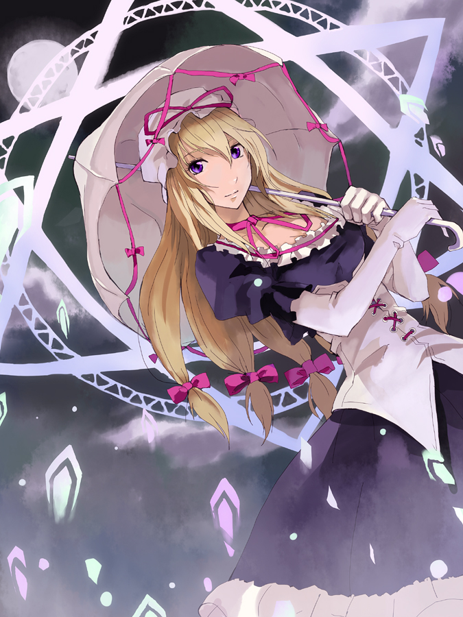 akito, yakumo yukari, touhou, 1girl, blonde hair, bow, corset, dress, female focus, gloves, hat, long hair, outdoors, parasol, purple eyes, ribbon, sky, solo, spell card, umbrella
