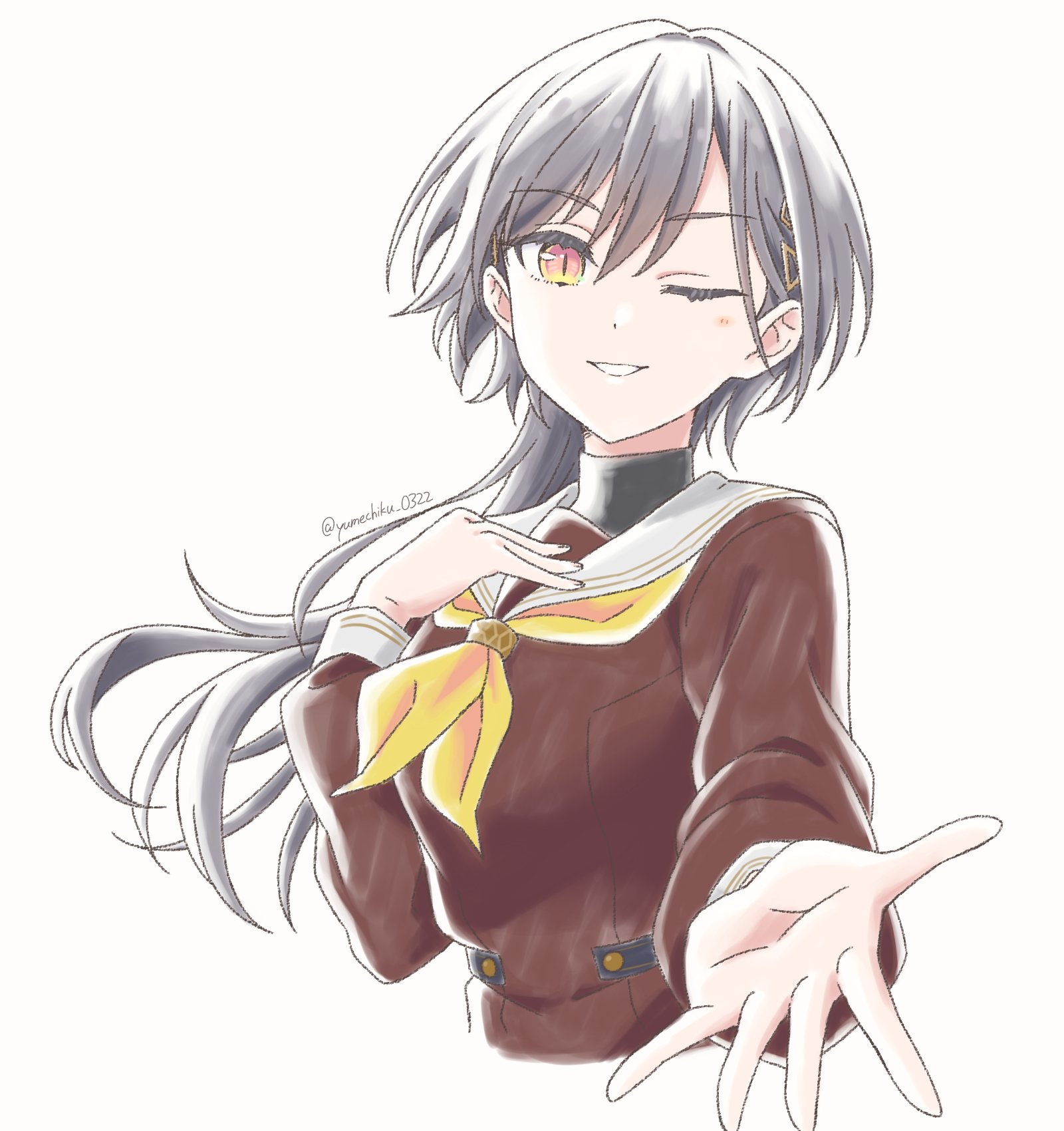 yumechiku, katsuragi izumi, link! like! love live!, love live!, commentary, highres, 1girl, ;d, breasts, brown dress, cropped torso, dress, grin, hasu no sora school uniform, jellyfish cut, long hair, long sleeves, looking at viewer, medium breasts, neckerchief, offering hand, one eye closed, open mouth, orange eyes, sailor collar, sailor dress, school uniform, simple background, slit pupils, smile, solo, turtleneck, upper body, virtual youtuber, white background, white sailor collar, winter uniform, yellow neckerchief