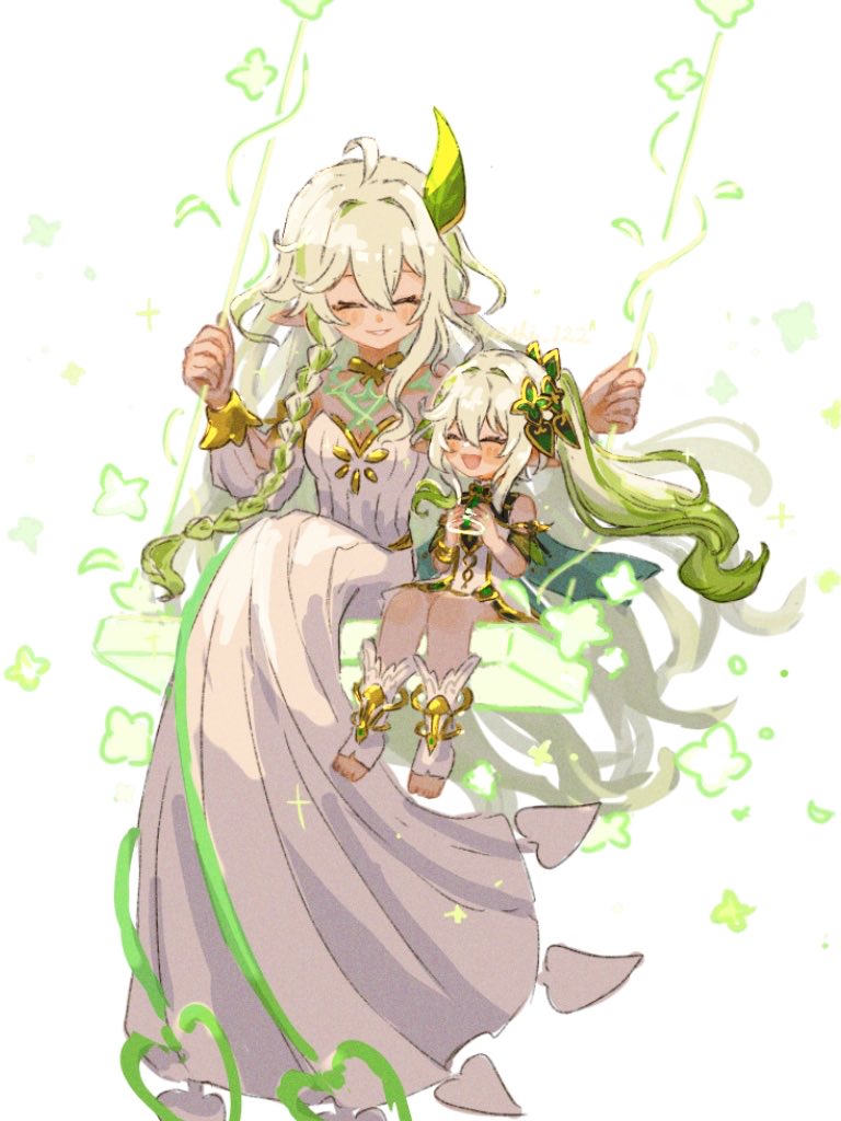 oroshi 122, nahida (genshin impact), rukkhadevata (genshin impact), genshin impact, commentary request, 2girls, :d, ^ ^, bare shoulders, blush, braid, breasts, closed eyes, detached sleeves, dress, gold trim, gradient hair, green hair, green sleeves, hair between eyes, hair ornament, leaf hair ornament, long hair, looking at viewer, multicolored hair, multiple girls, open mouth, parted lips, pointy ears, side ponytail, sleeveless, sleeveless dress, smile, strapless, strapless dress, symbol-shaped pupils, very long hair, white dress, white hair