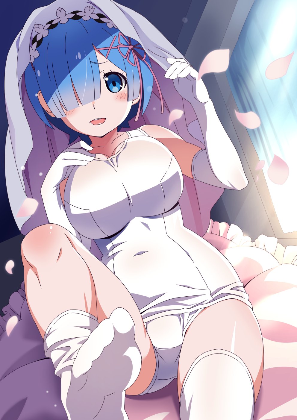 gesugesu ahoaho, rem (re:zero), re:zero kara hajimeru isekai seikatsu, highres, 1girl, blue eyes, blue hair, blush, breasts, elbow gloves, gloves, hair ornament, hair over one eye, hair ribbon, looking at viewer, old school swimsuit, one-piece swimsuit, open mouth, pink ribbon, ribbon, school swimsuit, short hair, smile, solo, swimsuit, thighhighs, white one-piece swimsuit, white thighhighs, x hair ornament