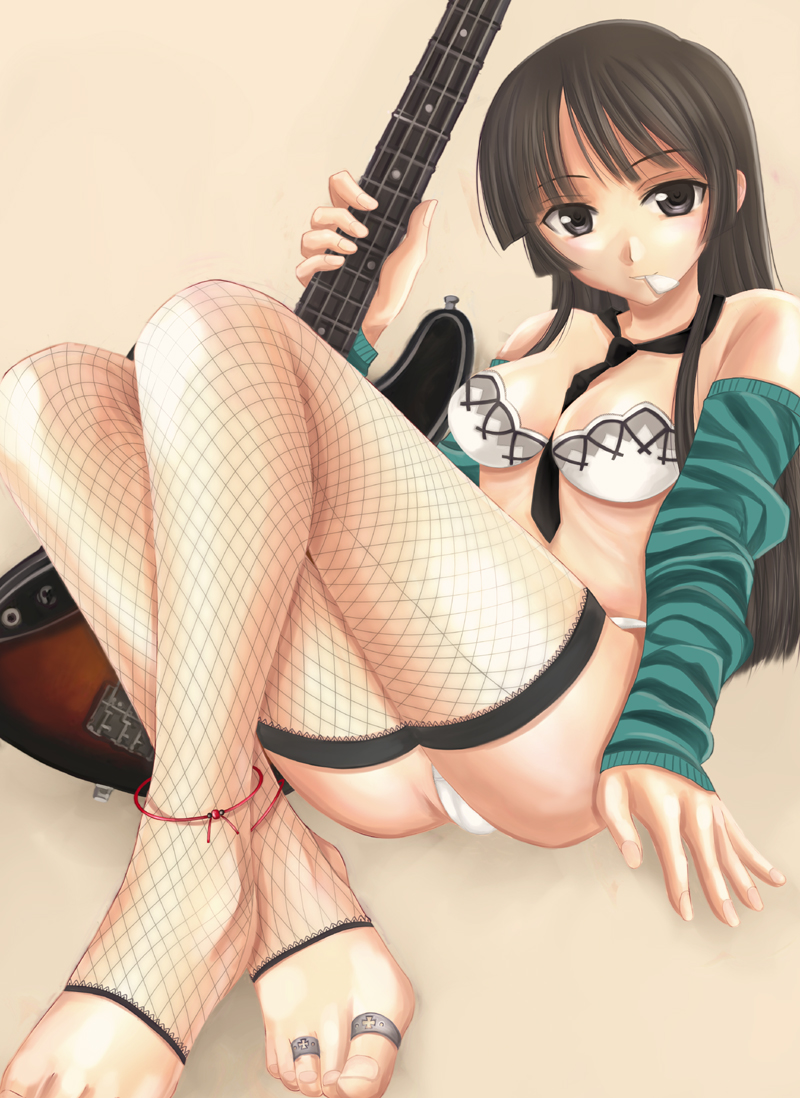 sugi (shoufusha), akiyama mio, k-on!, 00s, 1girl, anklet, barefoot, bass guitar, black eyes, black hair, blunt bangs, bra, detached sleeves, feet, female focus, fishnets, hime cut, instrument, jewelry, lingerie, long hair, panties, ring, smile, solo, toe ring, toeless legwear, toes, underwear, underwear only