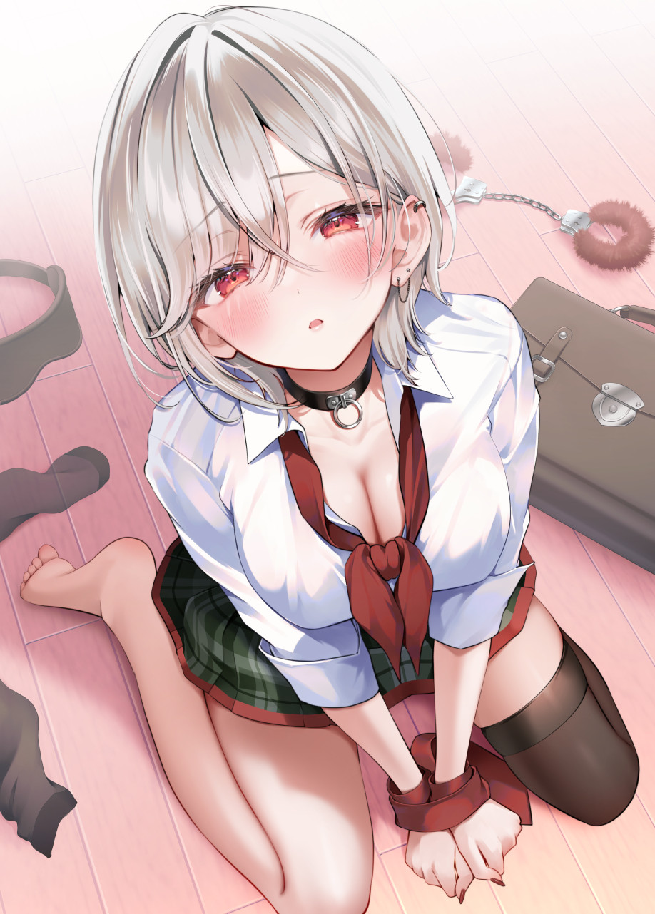 yugaa, original, commentary request, highres, 1girl, bag, black bag, black choker, black thighhighs, blush, bound, bound wrists, breasts, choker, cleavage, collarbone, collared shirt, crossed bangs, ear chain, ear piercing, from above, full body, fur cuffs, green skirt, grey hair, hair between eyes, large breasts, linked piercing, long sleeves, looking at viewer, neckerchief, no shoes, parted lips, piercing, plaid clothes, plaid skirt, pleated skirt, red eyes, red neckerchief, red ribbon, ribbon, school bag, school uniform, shirt, single bare foot, single thighhigh, sitting, skirt, solo, thighhighs, unworn blindfold, unworn thighhighs, wariza, white shirt, wooden floor