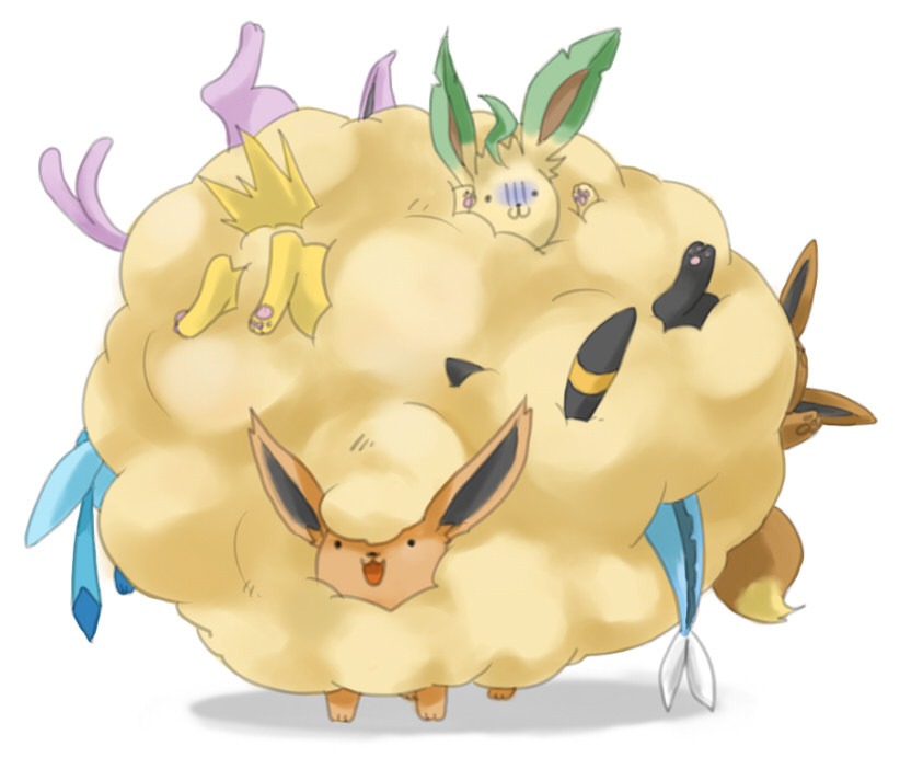 yoshikawa mo, eevee, espeon, flareon, glaceon, jolteon, leafeon, umbreon, vaporeon, katamari damacy, nintendo, pokemon, bad id, bad pixiv id, :3, body fur, evolutionary line, gattai, gen 1 pokemon, gen 2 pokemon, gen 4 pokemon, no humans, pokemon (creature), tail