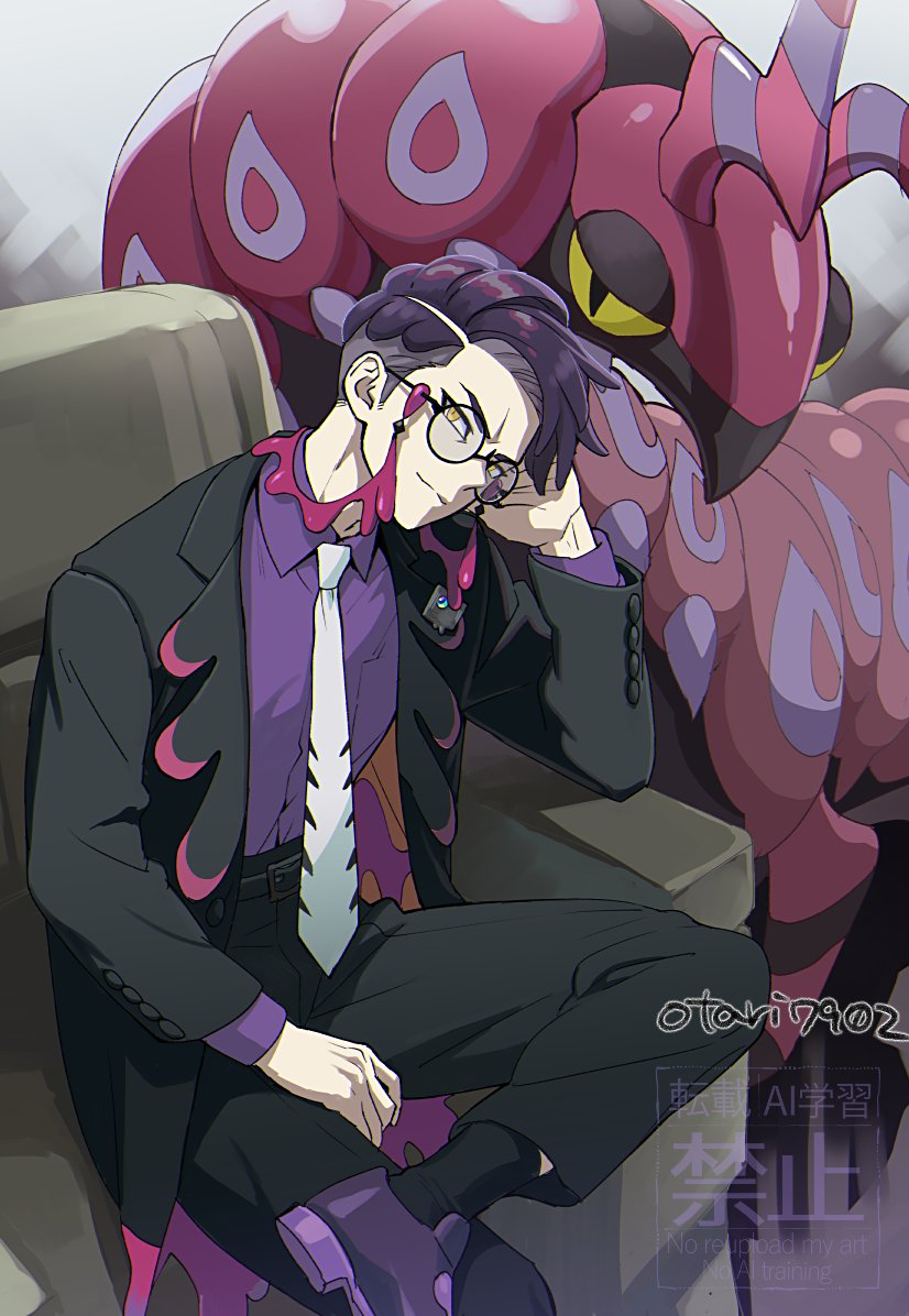 indesign, corbeau (pokemon), scolipede, nintendo, pokemon, pokemon legends: z-a, antennae, black coat, black pants, black socks, black suit, bug, chair, coat, collared shirt, eyewear strap, formal clothes, gen 5 pokemon, glasses, hand on own head, leg up, mega stone, necktie, pants, pokemon (creature), purple hair, purple shirt, purple shoes, round eyewear, shirt, shoes, short hair, sitting, slit pupils, smile, socks, suit, white necktie, yellow eyes