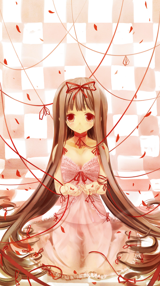 scarlet (studioscr), original, bad id, bad pixiv id, bare shoulders, brown hair, dress, hair ribbon, long hair, petals, red eyes, ribbon, solo, very long hair