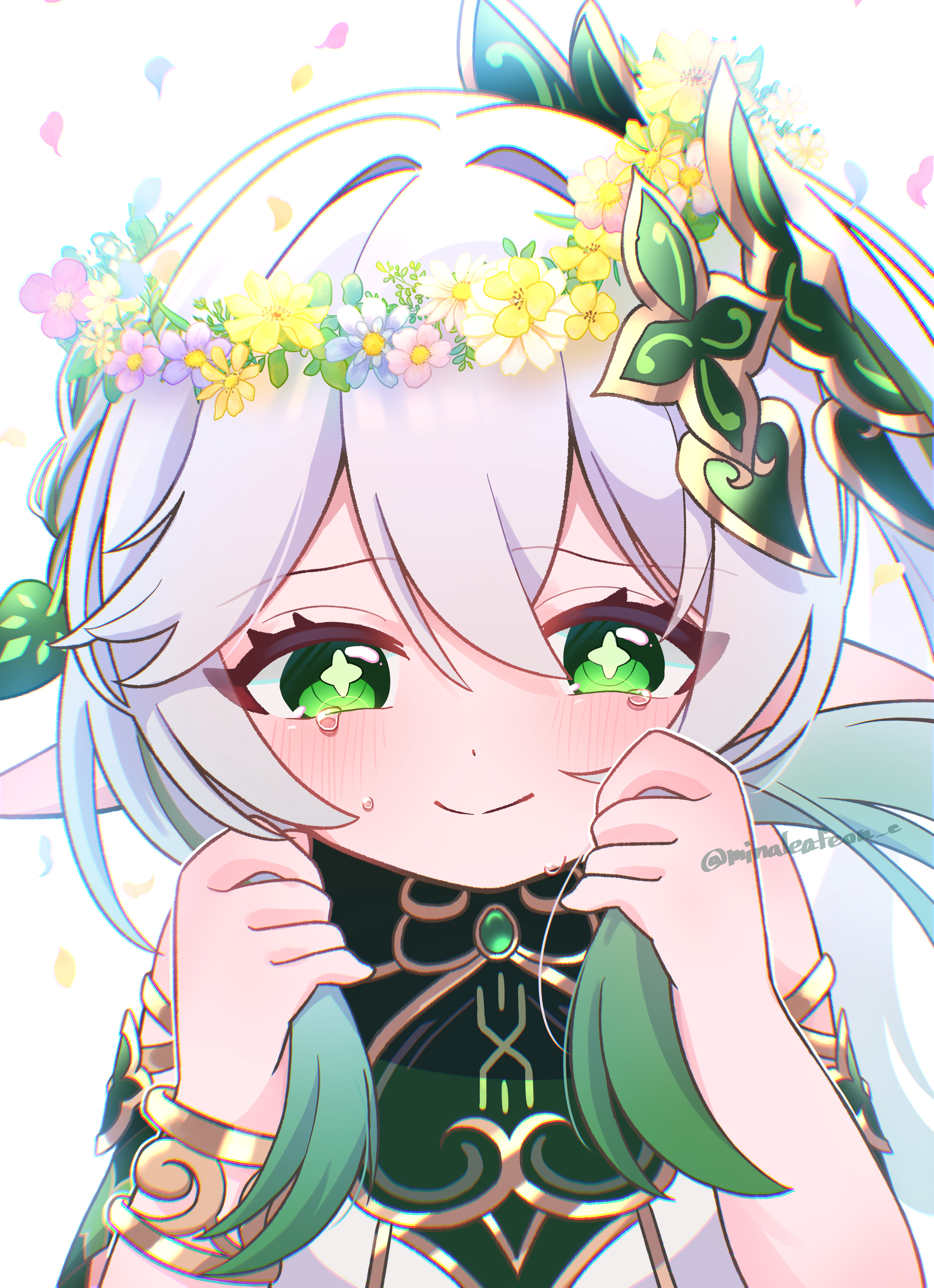 mina (minaleafeon c), nahida (genshin impact), genshin impact, absurdres, commentary request, highres, 1girl, bare shoulders, blue flower, bracelet, detached sleeves, flower, flower wreath, gold trim, gradient hair, green eyes, green hair, green sleeves, hair between eyes, hair ornament, hands up, head wreath, holding, holding own hair, jewelry, leaf hair ornament, long hair, looking at viewer, multicolored hair, pointy ears, red flower, simple background, sleeveless, solo, star-shaped pupils, star (symbol), symbol-shaped pupils, tearing up, twitter username, white background, white flower, white hair, yellow flower