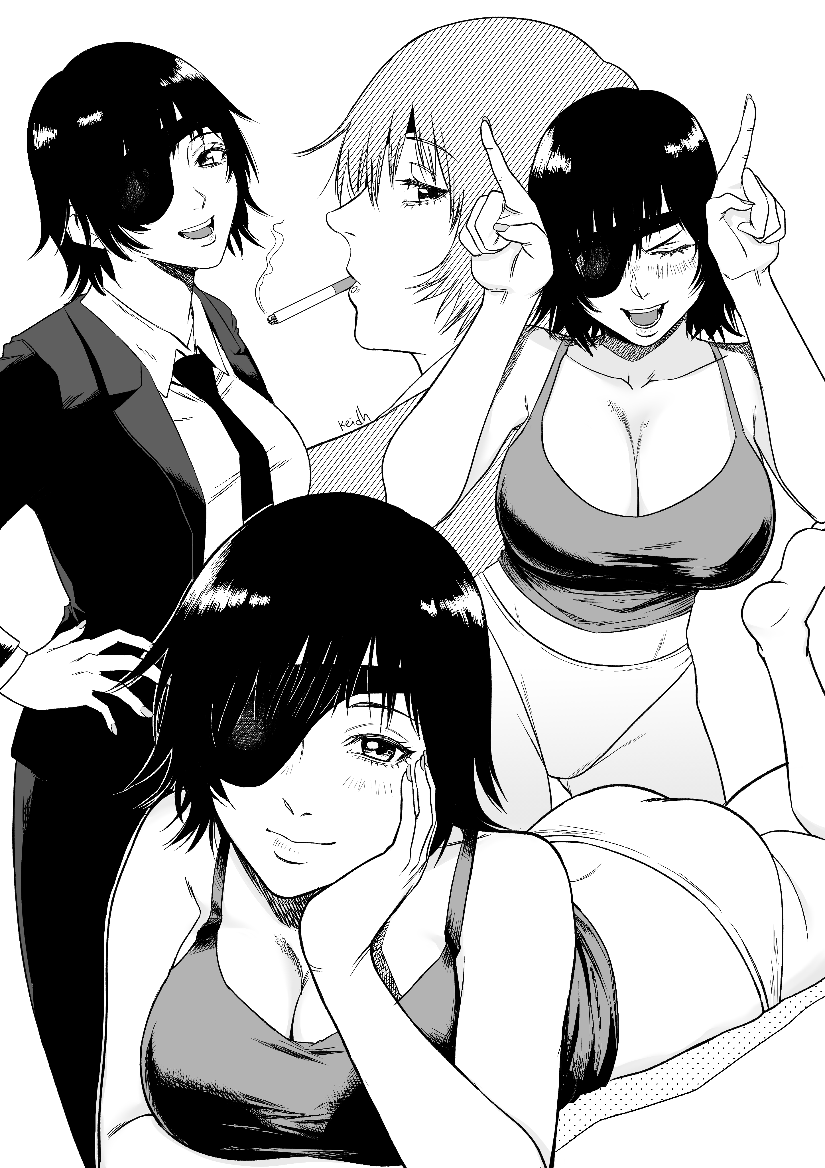 kei dragonsheaven, himeno (chainsaw man), chainsaw man, absurdres, commentary, english commentary, highres, 1girl, artist name, black hair, breasts, cigarette, eyepatch, formal clothes, greyscale, horns pose, monochrome, necktie, short hair, solo, suit