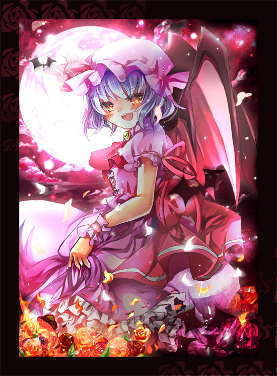 aquamarine, remilia scarlet, touhou, 1girl, bat wings, blue hair, female focus, flower, hat, moon, nature, outdoors, plant, red eyes, short hair, sky, solo, wings