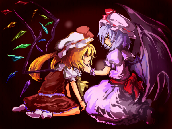 shiro (artist), shiro (hakukosui), flandre scarlet, remilia scarlet, touhou, 2girls, bat wings, blonde hair, blue hair, female focus, hat, multiple girls, ponytail, red eyes, short hair, siblings, side ponytail, sisters, socks, wings