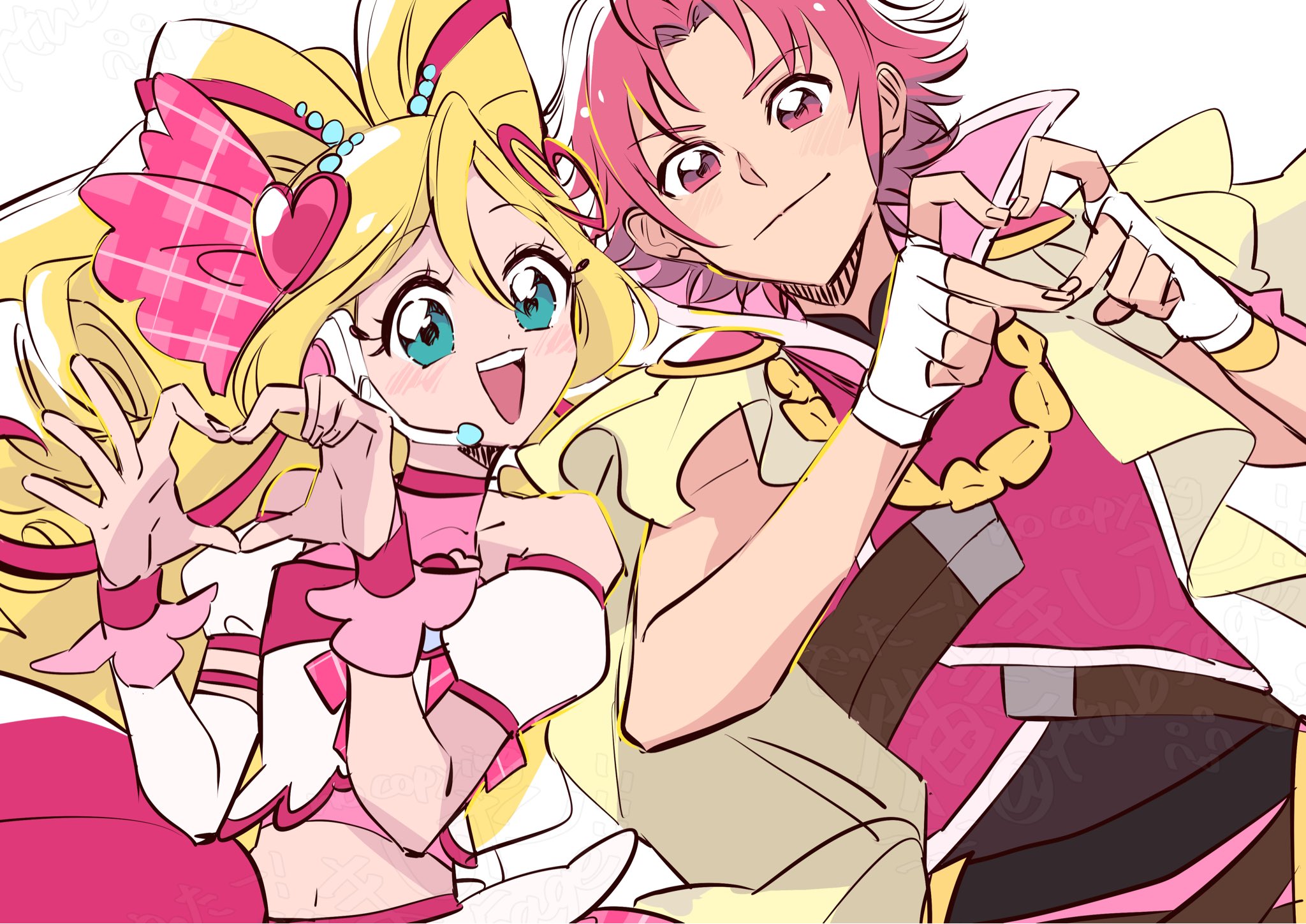 buntatta, cure idol, sakura uta (precure), dancing star precure, kimi to idol precure, precure, commentary request, highres, 1boy, 1girl, blonde hair, blue eyes, blush, cape, chain, closed mouth, crop top, cure top, detached sleeves, fingerless gloves, four-finger heart hands, gloves, gold chain, hair ornament, hair ribbon, headset, heart, heart hair ornament, heart hands, hoshikawa gaku, in-franchise crossover, light blush, looking at viewer, magical boy, magical girl, midriff, navel, open mouth, pink eyes, pink hair, pink vest, ponytail, puffy sleeves, ribbon, short hair, smile, teeth, upper body, upper teeth only, vest, white gloves, white sleeves, wrist cuffs, yellow cape