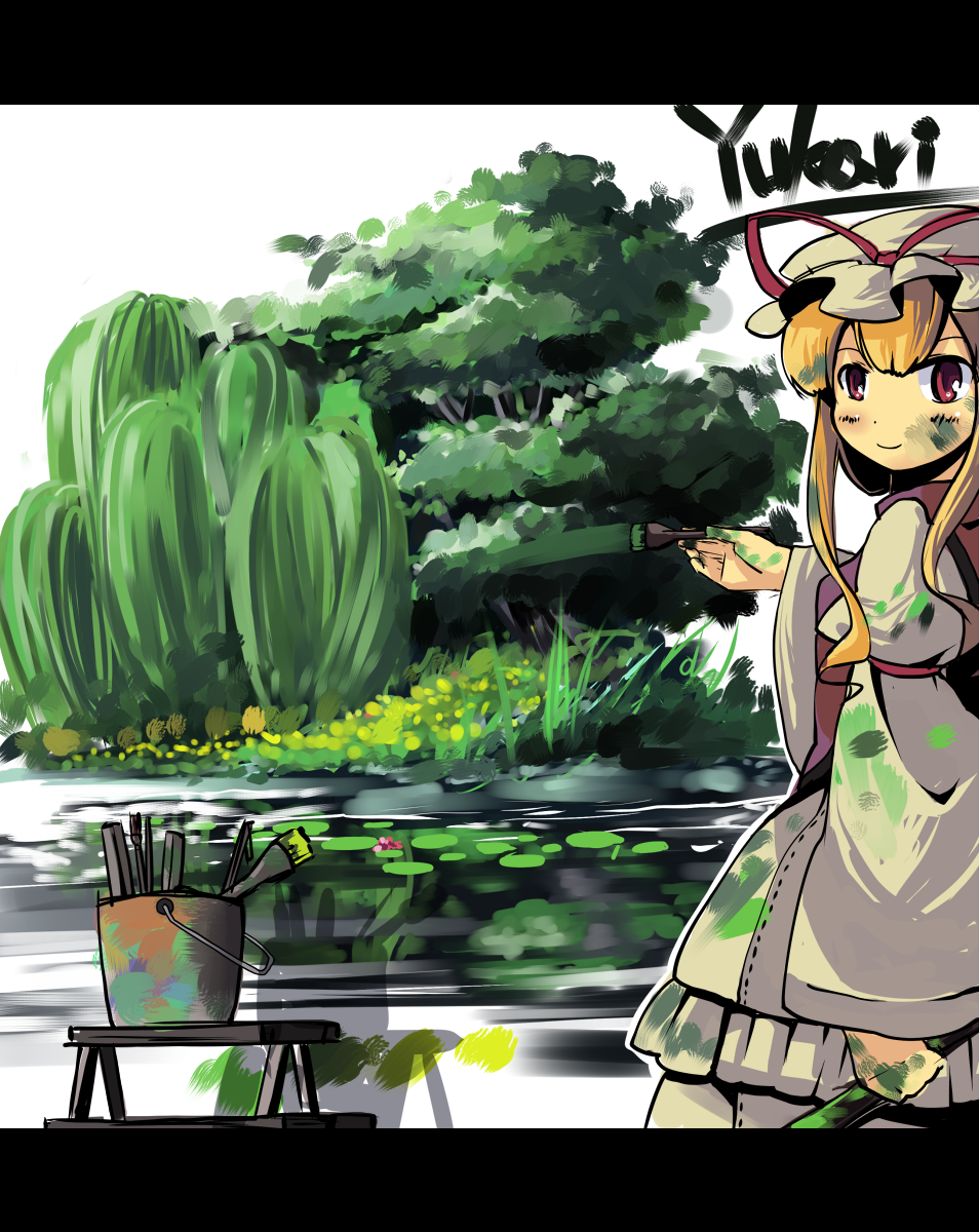 garnet, yakumo yukari, touhou, highres, 1girl, art brush, female focus, hat, letterboxed, nature, outdoors, paint, paintbrush, painting (action), plant, solo, white hat