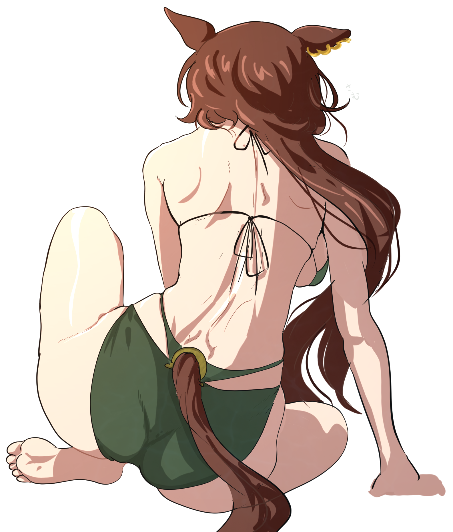 itsuyoitsuyo, sirius symboli (umamusume), umamusume, highres, 1girl, animal ears, ass, back, barefoot, bikini, breasts, brown hair, from behind, green bikini, horse ears, horse girl, horse tail, large breasts, long hair, sideboob, simple background, sitting, soles, solo, swimsuit, tail, toes, white background