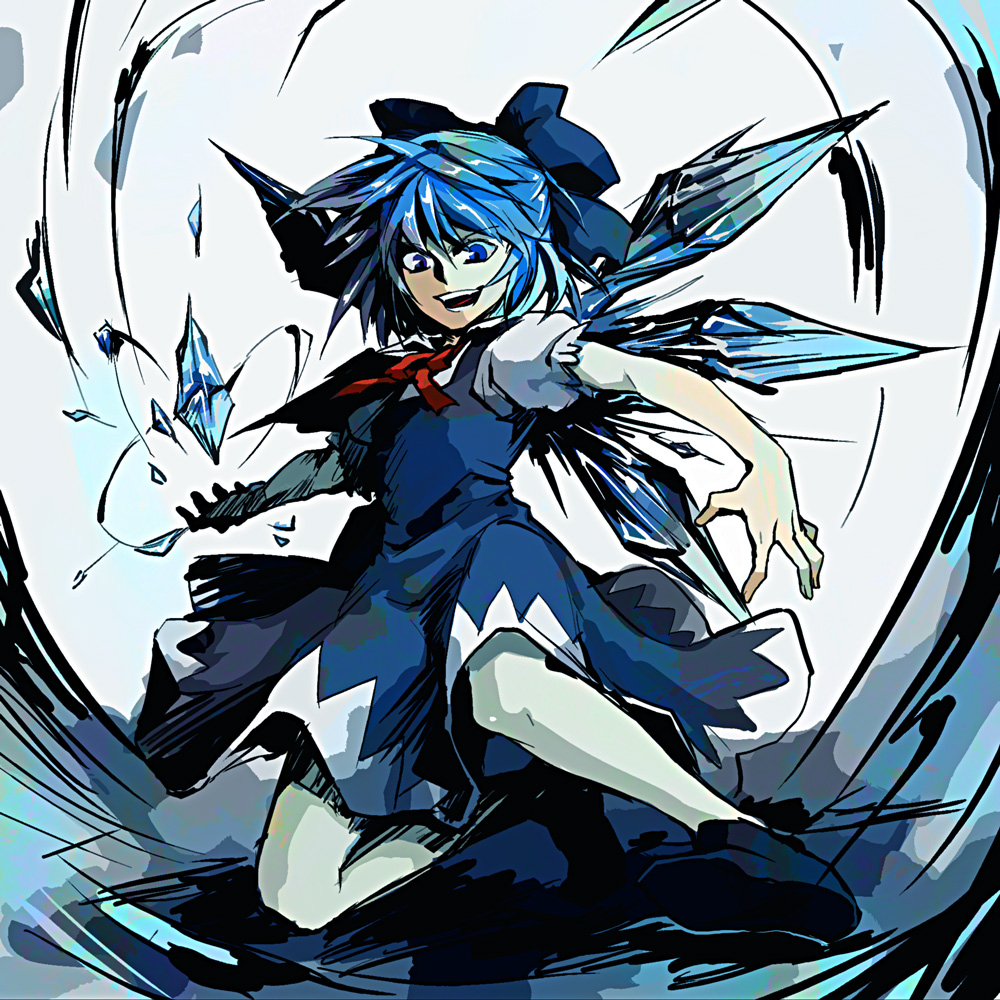 zakki, cirno, embodiment of scarlet devil, touhou, bad id, bad pixiv id, 1girl, blue eyes, blue hair, female focus, fighting stance, matching hair/eyes, ribbon, short hair, solo, wings