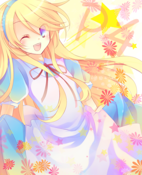 ibara riato, alice (alice in wonderland), kuma (persona 4), alice's adventures in wonderland, atlus, persona, persona 4, bad id, bad pixiv id, 1boy, alice (alice in wonderland) (cosplay), blonde hair, blue eyes, cosplay, crossdressing, crossdressing (mtf), hairband, long hair, male focus, one eye closed, open mouth, solo, trap, wink