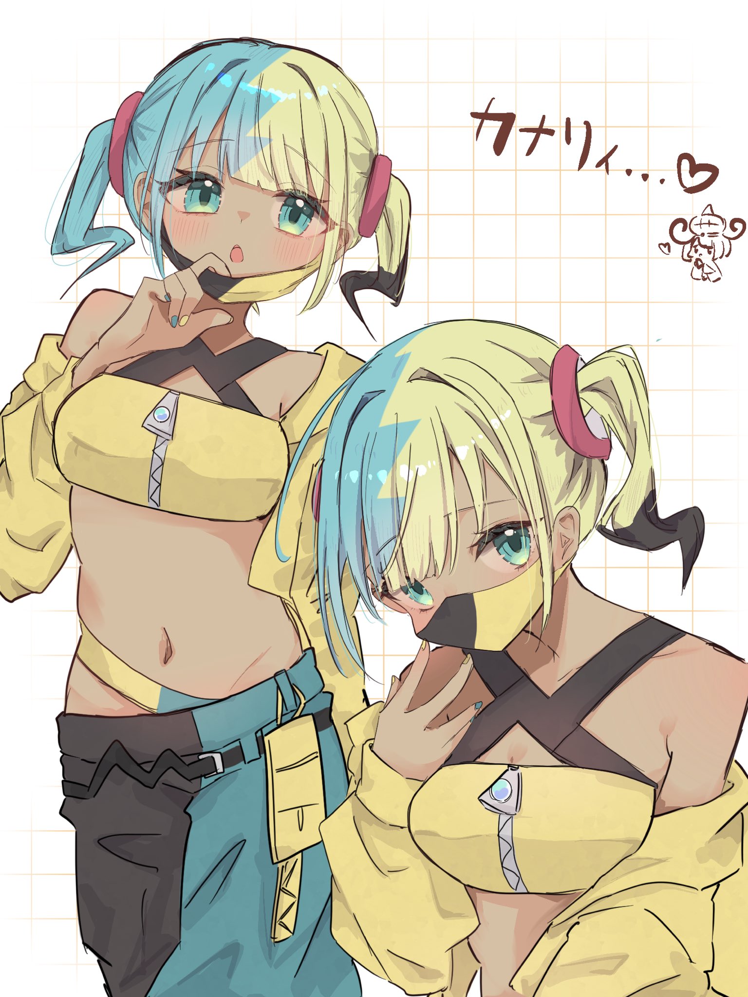 sinya 5zi, canari (pokemon), gwynn (pokemon), nintendo, pokemon, pokemon legends: z-a, commentary request, highres, 2girls, aqua eyes, aqua hair, aqua nails, bandeau, black hair, black mask, black pants, blonde hair, blue pants, dark-skinned female, dark skin, fingernails, jacket, looking at viewer, mask, mask pull, midriff, mouth mask, multicolored hair, multicolored nails, multiple girls, multiple views, nail polish, navel, open mouth, pants, twintails, two-tone mask, two-tone pants, white background, yellow bandeau, yellow jacket, yellow mask, yellow nails
