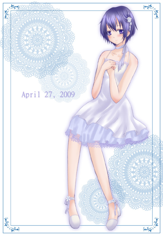 anni shiro, shirogane naoto, atlus, persona, persona 4, bad id, bad pixiv id, 1girl, blue eyes, blue hair, dress, female focus, hair ornament, matching hair/eyes, shoes, skirt, solo, white dress, white skirt