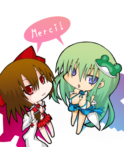 kureha mitsushige, hakurei reimu, kochiya sanae, touhou, lowres, 2girls, bikini, bikini top only, blue eyes, breasts, chibi, detached sleeves, female focus, french text, frog, green hair, japanese clothes, large breasts, long hair, miko, multiple girls, red eyes, short hair, swimsuit