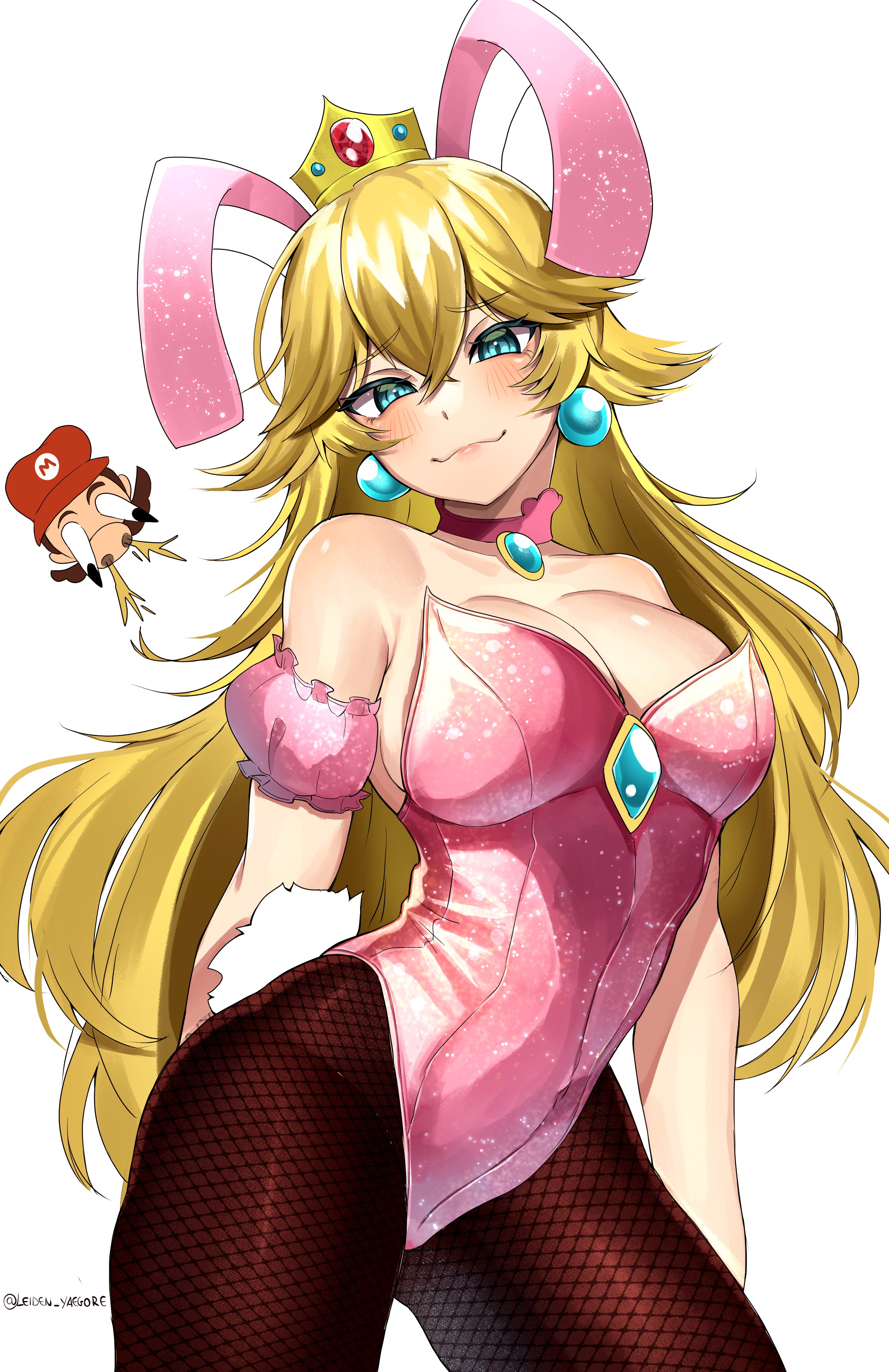 leiden yaegore, mario, princess peach, mario (series), nintendo, absurdres, commentary, english commentary, highres, 1boy, 1girl, animal ears, bare shoulders, black pantyhose, blonde hair, blue eyes, blue gemstone, blush, breasts, brooch, choker, closed mouth, cowboy shot, crossed bangs, crown, double-parted bangs, earrings, fake animal ears, fishnet pantyhose, fishnets, gem, hair between eyes, jewelry, large breasts, leotard, long hair, looking at viewer, pantyhose, pink choker, pink leotard, playboy bunny, rabbit ears, simple background, smile, solo focus, sphere earrings, strapless, strapless leotard, white background