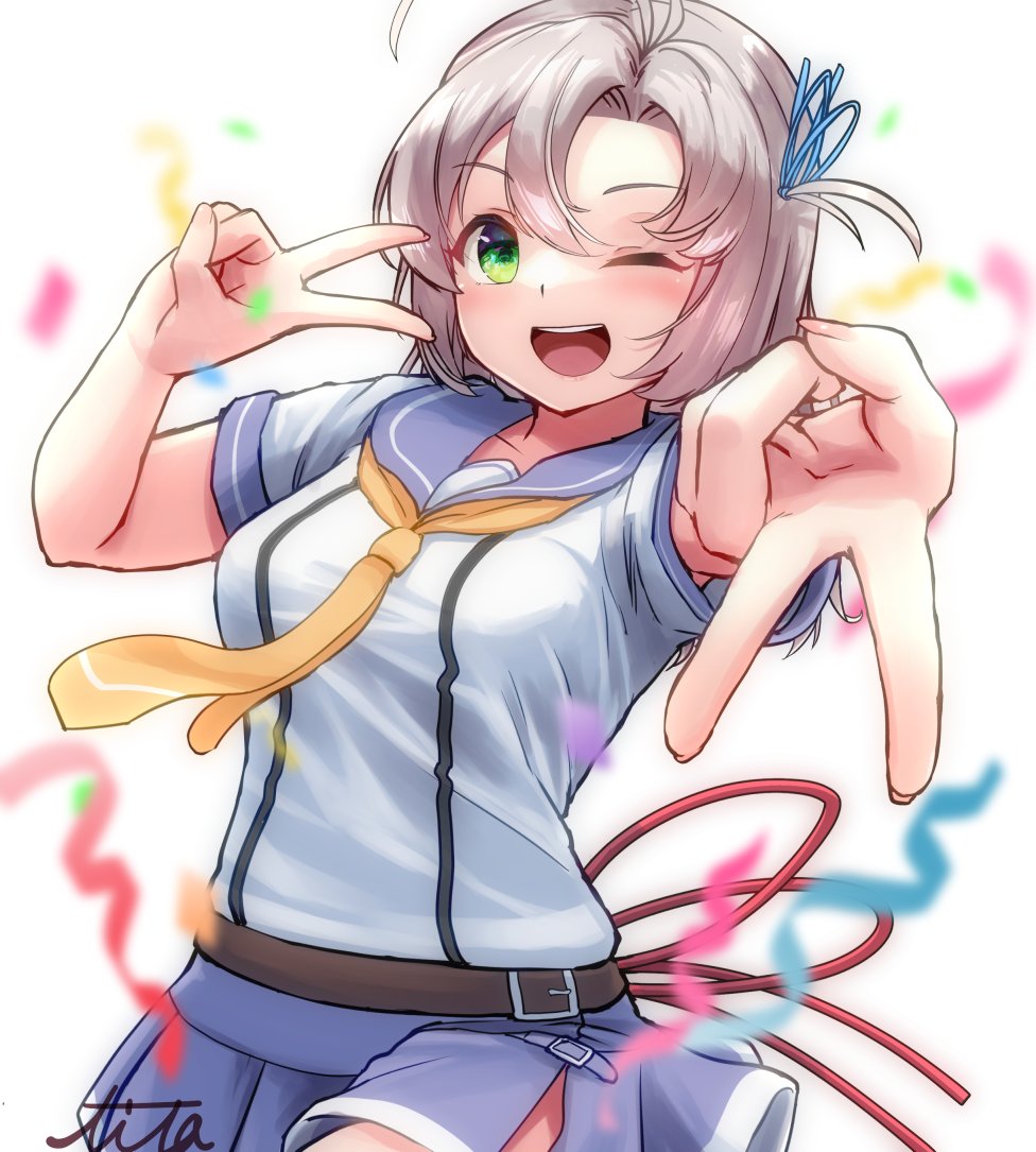 soba chatarou (tita), kinugasa (kancolle), kinugasa kai ni (kancolle), kantai collection, 1girl, antenna hair, artist name, blurry, confetti, depth of field, double v, foreshortening, green eyes, grey hair, gyaru v, hair tie, long hair, looking at viewer, neckerchief, one side up, purple sailor collar, purple skirt, sailor collar, school uniform, serafuku, skirt, smile, solo, upper body, v, v over eye, white background, yellow neckerchief