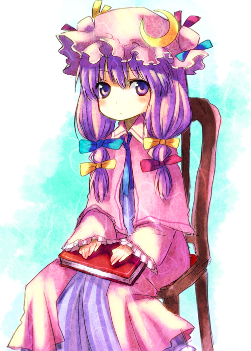miya (tsumazukanai), patchouli knowledge, touhou, 1girl, book, chair, female focus, gradient background, hair ribbon, hat, purple eyes, purple hair, ribbon, sitting, solo, twintails