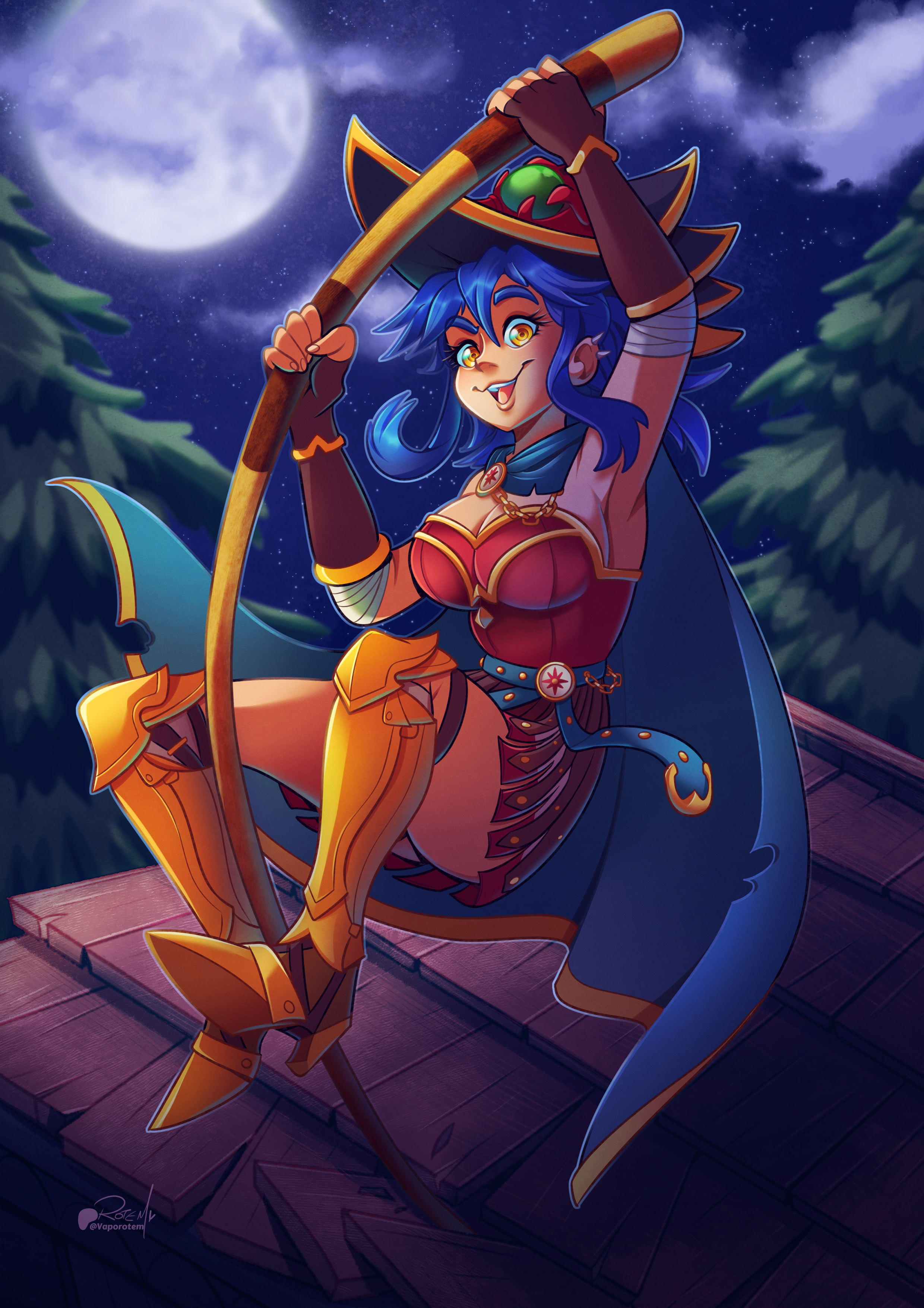 vaporotem, dang (runescape), old school runescape, original, runescape, absurdres, commentary, commission, english commentary, highres, making-of available, second-party source, 1girl, armor, armored boots, bandaged arm, bandaged leg, bandages, belt, blue hair, blue nails, boots, breasts, brown skirt, cape, duellist's cap (tier 6), fingerless gloves, full body, full moon, gem, gladiator, gloves, glowing hat, gold trim, greaves, green belt, green cape, green gemstone, hair between eyes, hat, high jump, holding, holding pole, jumping, leotard, light blush, long bangs, long hair, medium breasts, moon, night, night sky, on rooftop, orange eyes, pole, pole vault, poleyn, red leotard, rooftop, skirt, sky, smile, solo, standing, star (sky), starry sky, sun symbol, thick eyebrows, yellow eyes