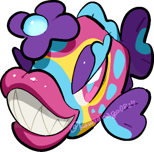 kawaanago, bruxish, nintendo, pokemon, commentary request, lowres, animal focus, aqua pupils, chibi, chibi only, colored eyelashes, fish, full body, gen 7 pokemon, grin, no humans, pink eyes, pink lips, pokemon (creature), pokemon focus, sharp teeth, smile, solo, teeth, transparent background, twitter username