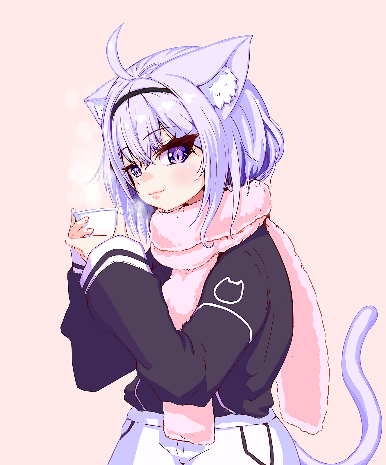 kajimakoto, nekomata okayu, nekomata okayu (school uniform), hololive, highres, 1girl, ahoge, animal ear fluff, animal ears, black headband, black shirt, cat ears, cat girl, cat tail, closed mouth, cup, headband, holding, holding cup, looking at viewer, medium hair, official alternate costume, pants, pink background, pink scarf, purple eyes, purple hair, scarf, shirt, smile, solo, tail, virtual youtuber, white pants