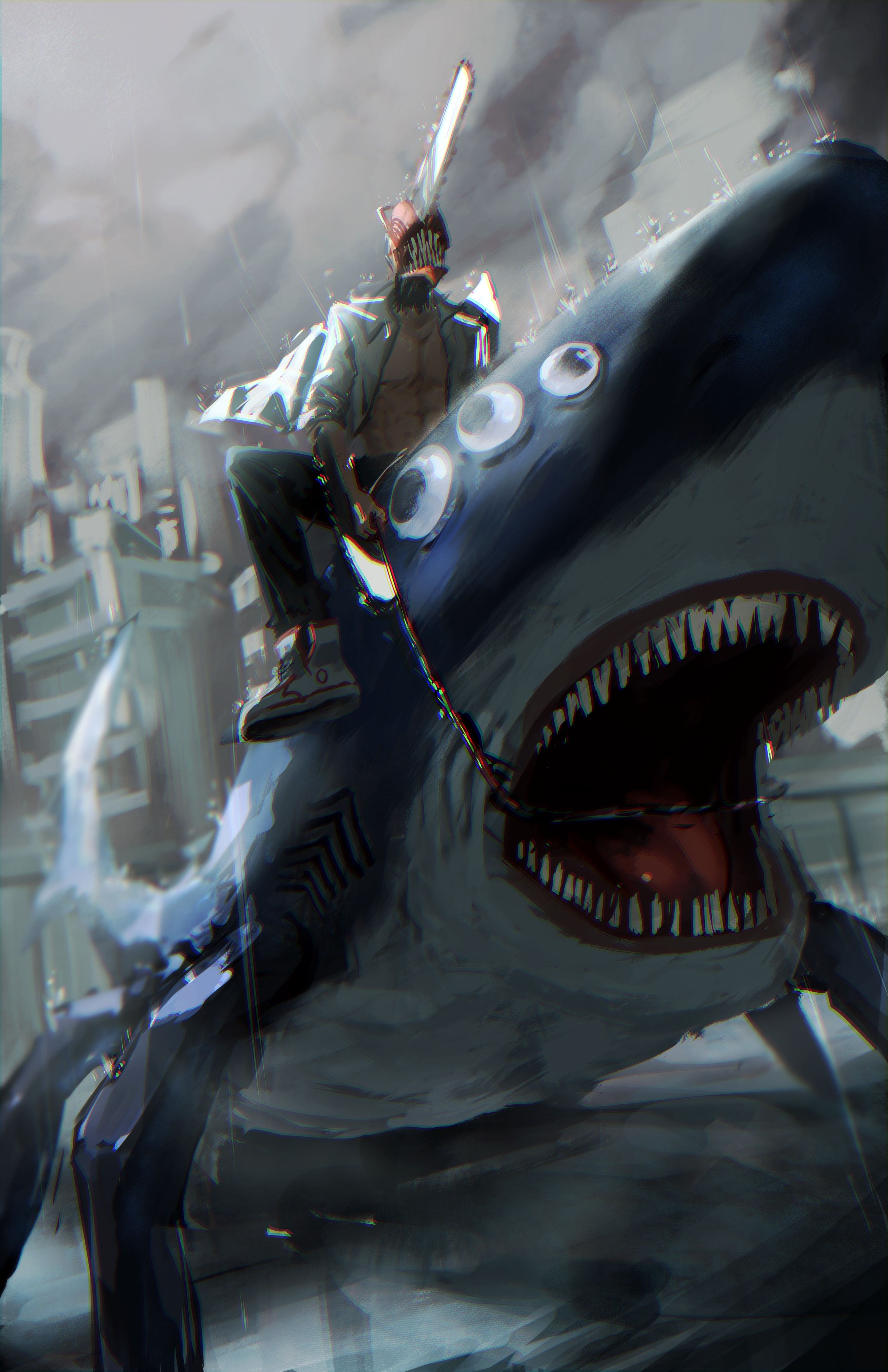 cokei, beam (chainsaw man), denji (chainsaw man), chainsaw man, absurdres, commentary, english commentary, highres, 1boy, alternate form, animal, black pants, blood, building, chain, chainsaw, city, cityscape, cloud, cloudy sky, grey sky, holding, holding chain, monster, open clothes, open mouth, open shirt, outdoors, pants, rain, riding, shark, sharp teeth, shirt, shoes, sky, teeth, three-quarter sleeves, white shirt, white shoes