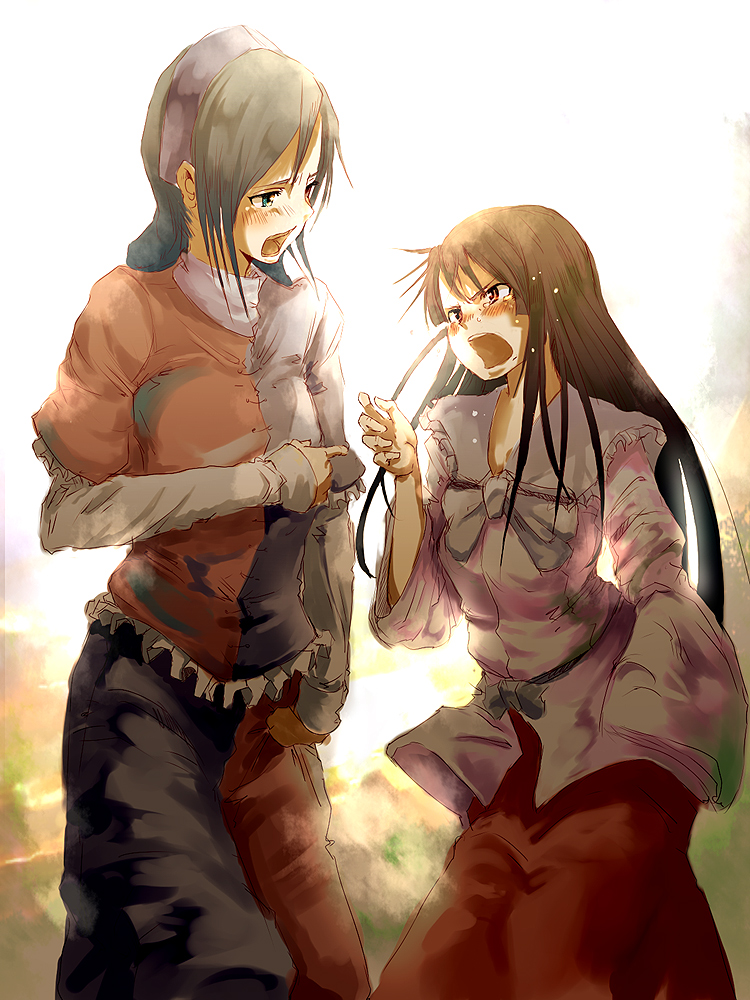 yae (mono110), houraisan kaguya, yagokoro eirin, touhou, silver hair, 2girls, angry, blouse, blush, brown hair, dress, female focus, long hair, long skirt, multiple girls, puffy short sleeves, puffy sleeves, red hair, red skirt, shirt, short sleeves, simple background, skirt, standing, tears, very long hair, white background