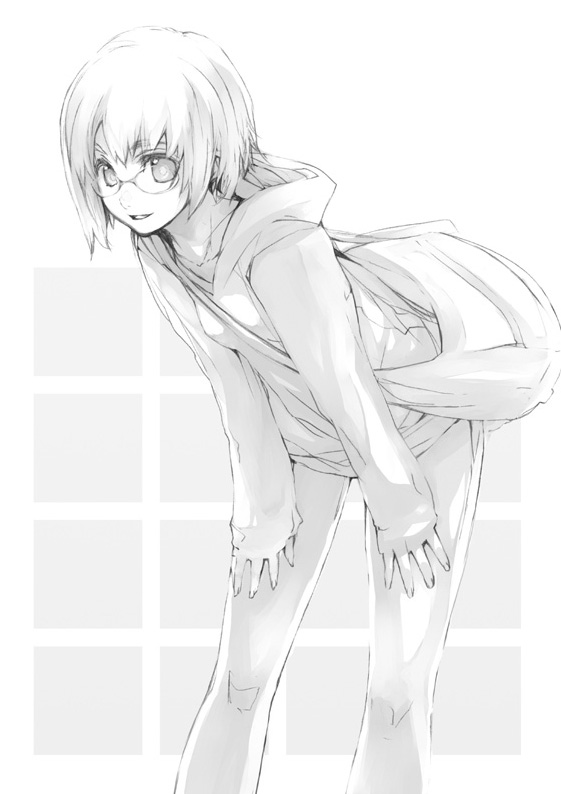 fujishima, fujishima (raving phantom), original, 1girl, bag, bare legs, bent over, breasts, cropped legs, female focus, glasses, greyscale, hood, hoodie, leaning forward, long sleeves, looking afar, monochrome, pants, shirt, short hair, simple background, sleeves past wrists, small breasts, solo, standing, white background