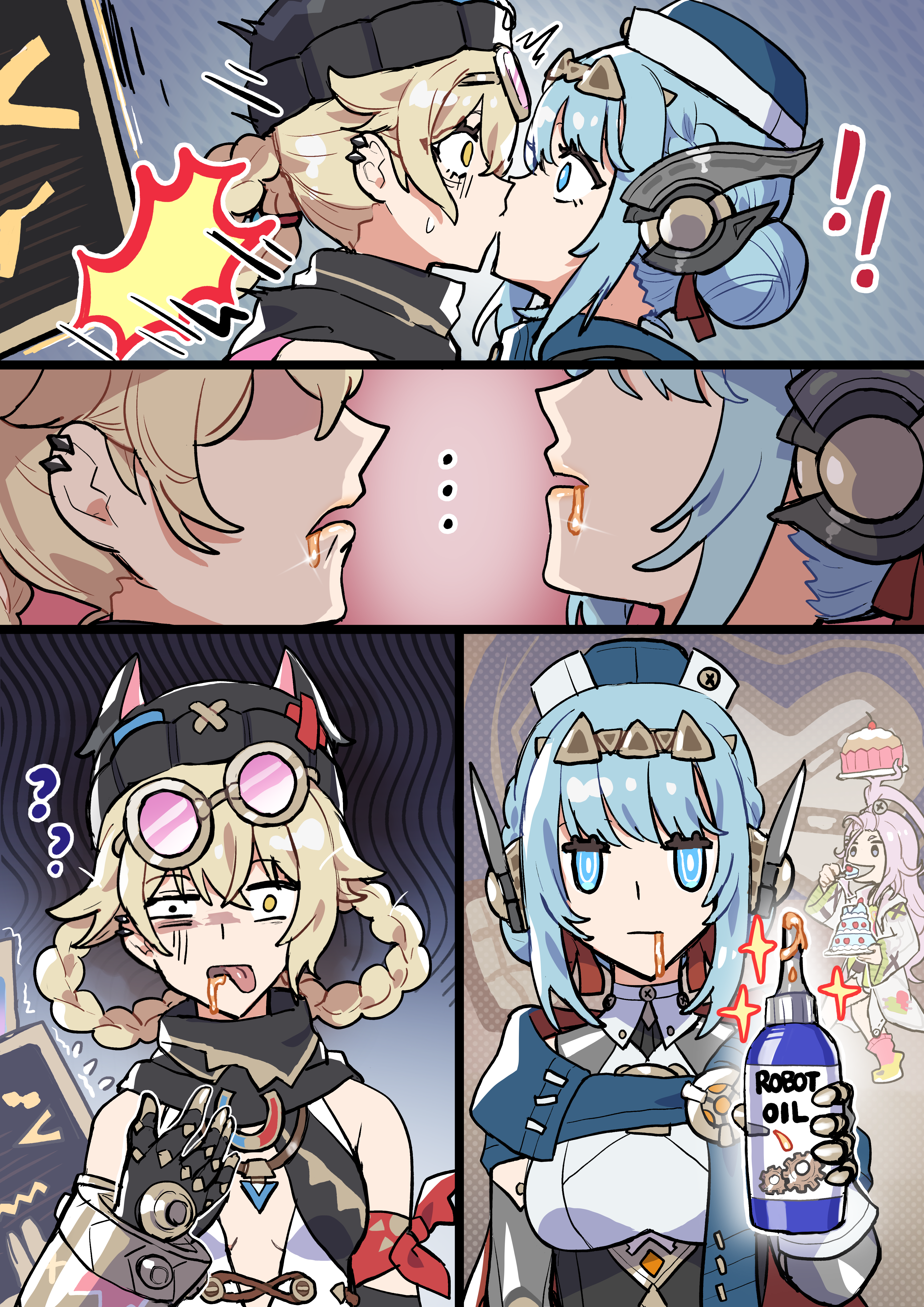 sakana (fishchunk), aino (genshin impact), ineffa (genshin impact), jahoda (genshin impact), genshin impact, absurdres, highres, !, !!, …, 3girls, :|, ?, ??, ^^^, accidental kiss, android, beanie, black gloves, black hat, blonde hair, blue eyes, blue hair, blue hat, breasts, cake, can, closed mouth, comic, food, gloves, goggles, goggles on head, hat, holding, holding can, kiss, medium breasts, medium hair, mismatched pupils, motion lines, motor oil, multiple girls, oil can, open mouth, silent comic, small breasts, sparkle, surprised, sweatdrop, tongue, tongue out, yellow eyes, yuri