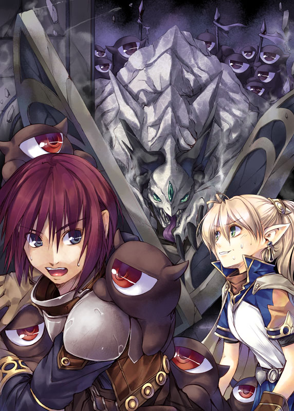 kirishima satoshi, original, 1boy, 1girl, armor, blonde hair, elf, fantasy, pointy ears, sweat